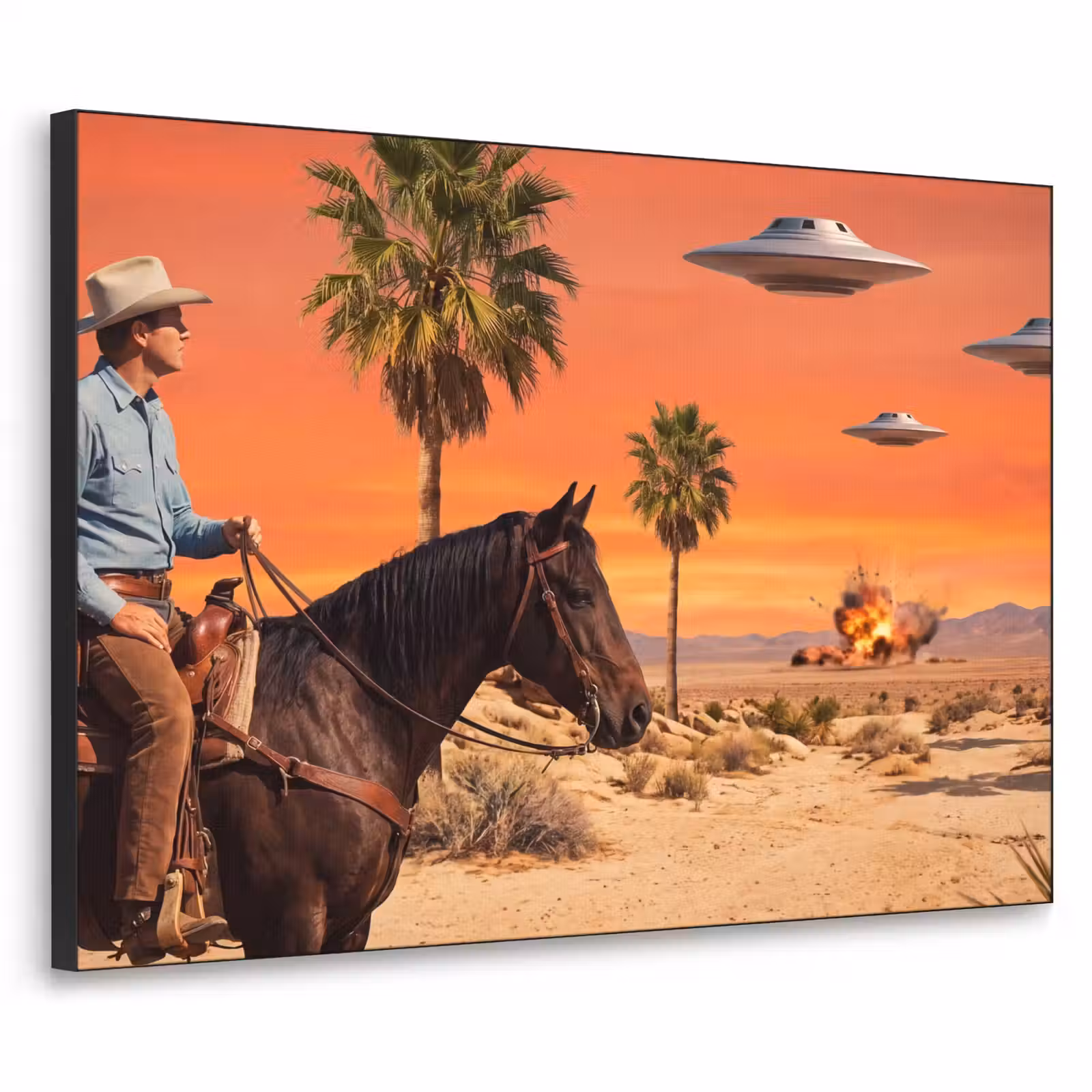 Art Frame - Cowboy – Pferd – Wüste - Cowboy - Paard - Woestijn Textielframe zwart klein