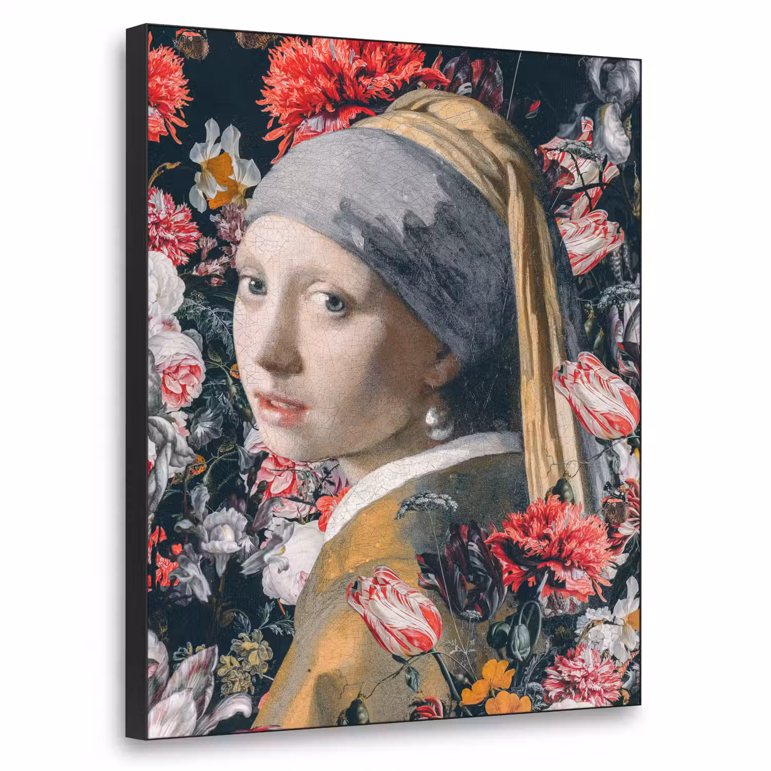 Meisje met de parel - Johannes Vermeer - Bloemen Textielframe zwart klein -3d