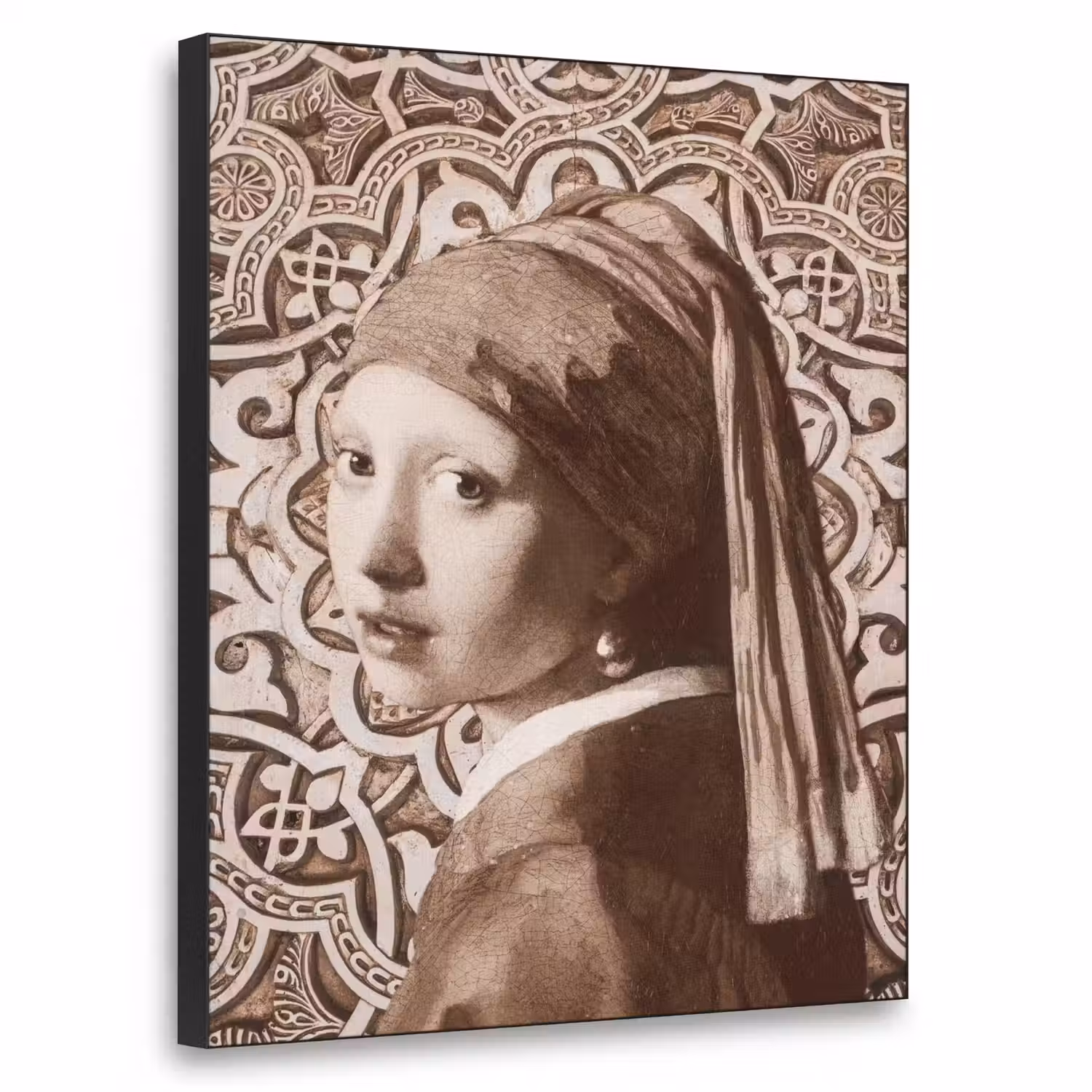Meisje met de parel - Johannes Vermeer - Sepia Textielframe zwart klein -3d