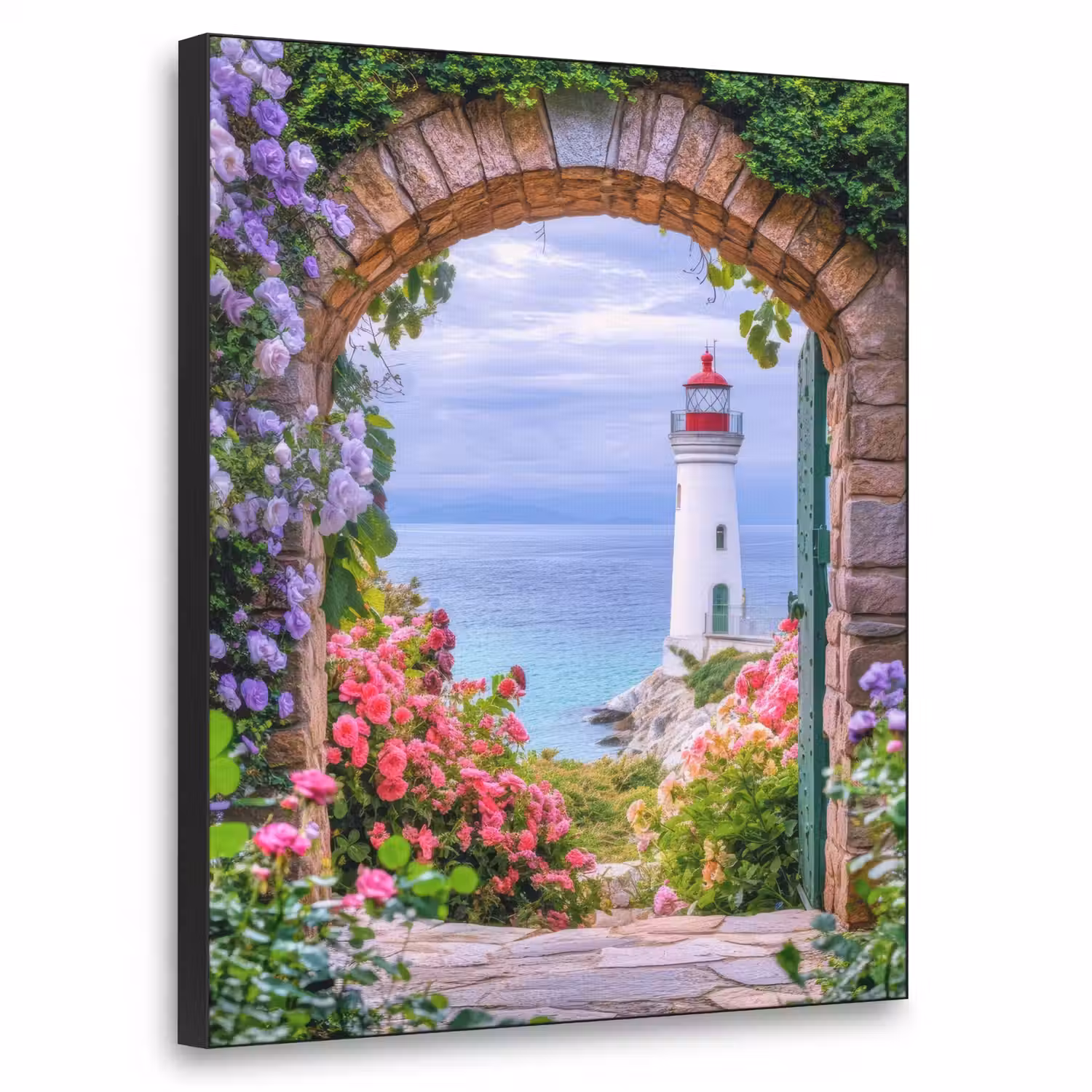 Doorkijk - Vuurtoren - Bloemen - Uitzicht Textielframe - compleet frame klein -3d