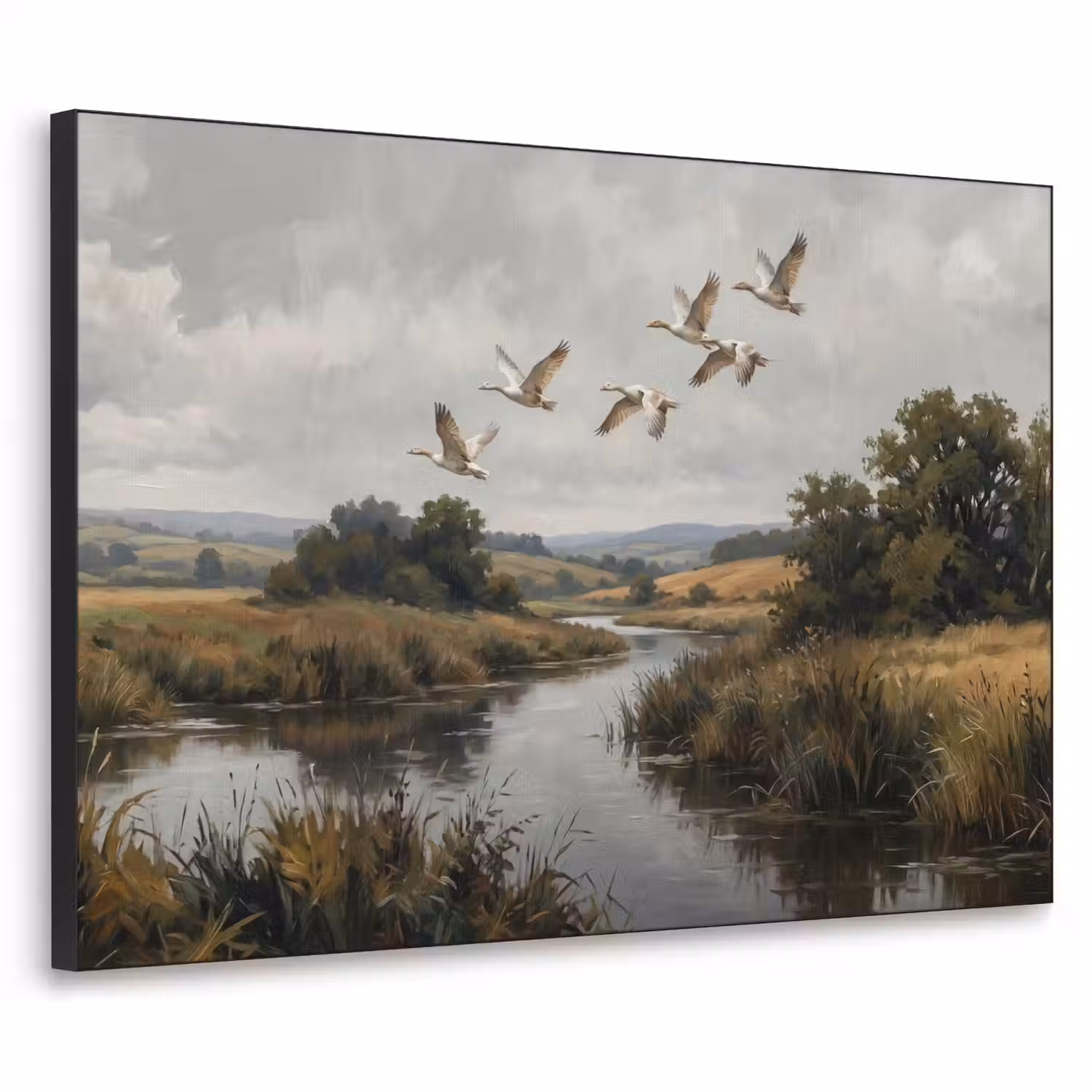 Eenden - Rivier - Landschap - Vlucht - Nostalgisch Textielframe zwart klein -3d
