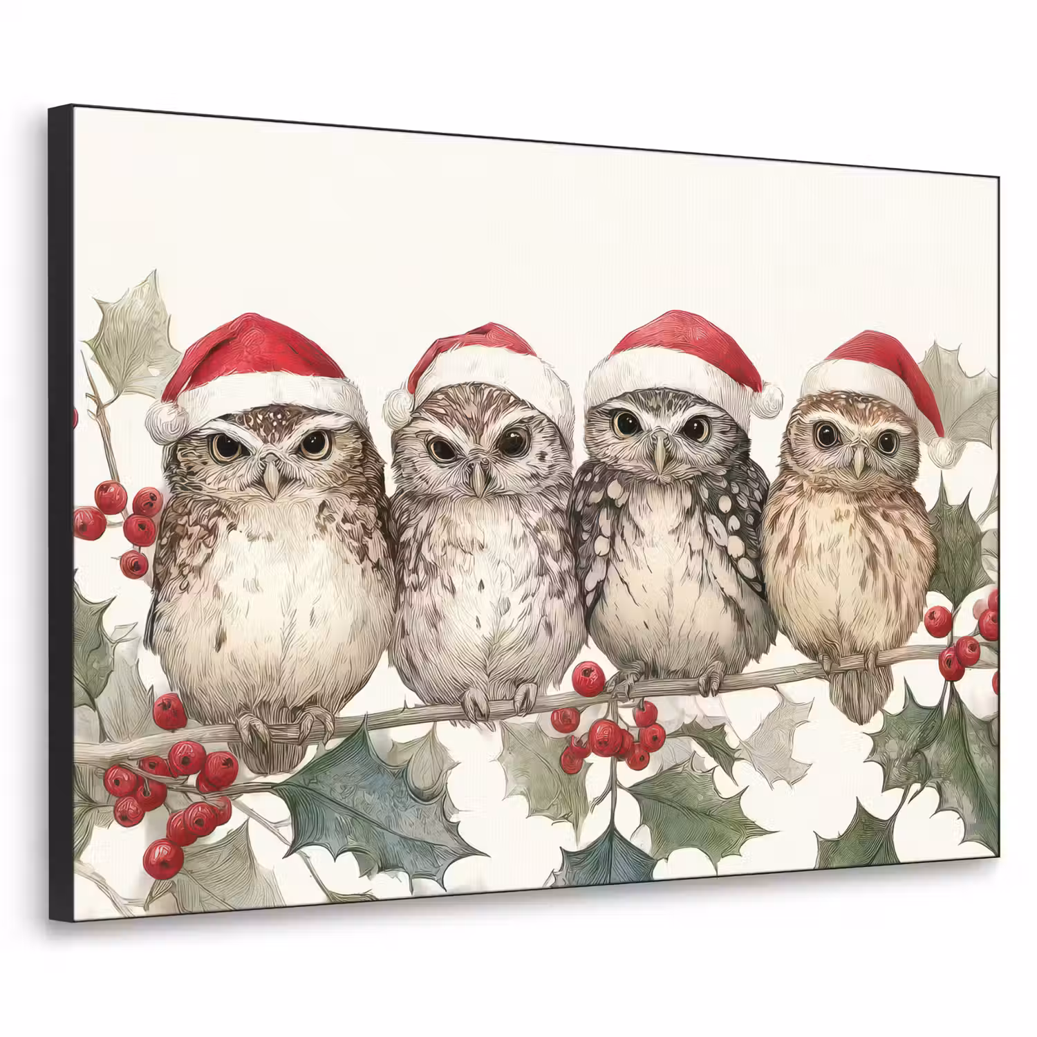 Uilen - Tak - Hulstblaadjes - Kerstmuts Textielframe - compleet frame klein -3d
