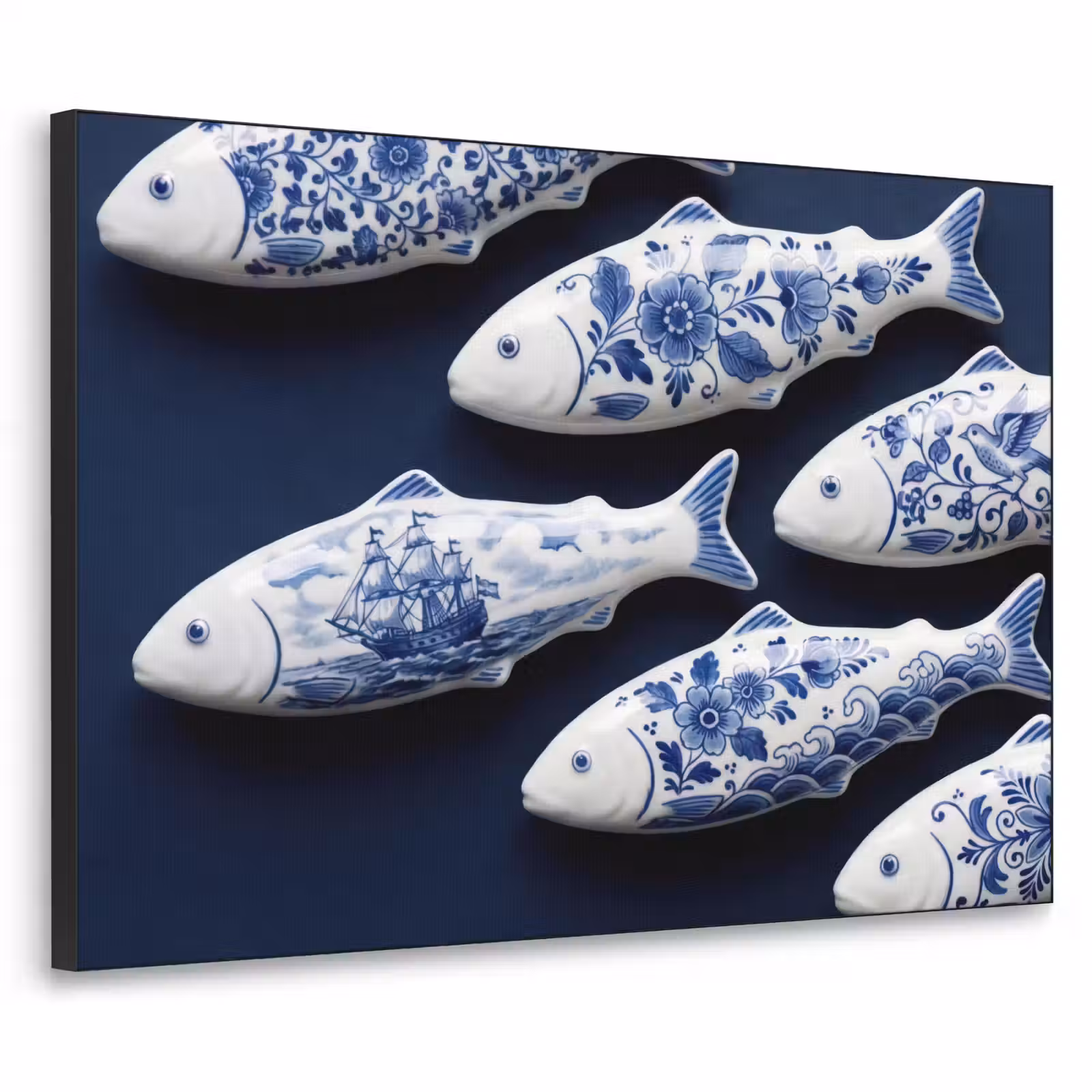 Art Frame - Fisch - Delfter Porzellan - Keramiken - Vissen - Delfts - Blauw - Keramiek Textielframe zwart klein