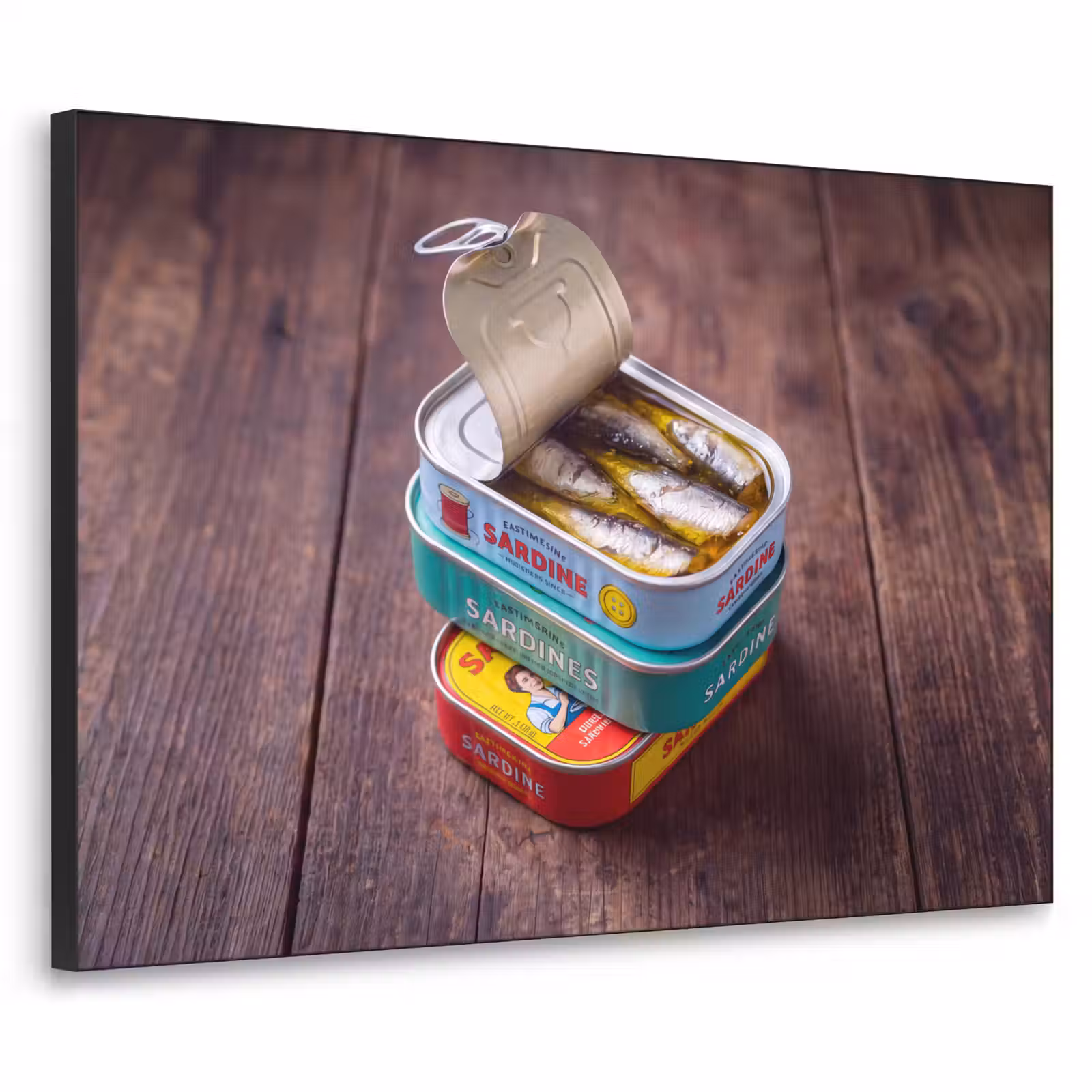 Art Frame - Fisch – Dosen – Küche - Vis - Blikjes - Keuken Textielframe zwart klein
