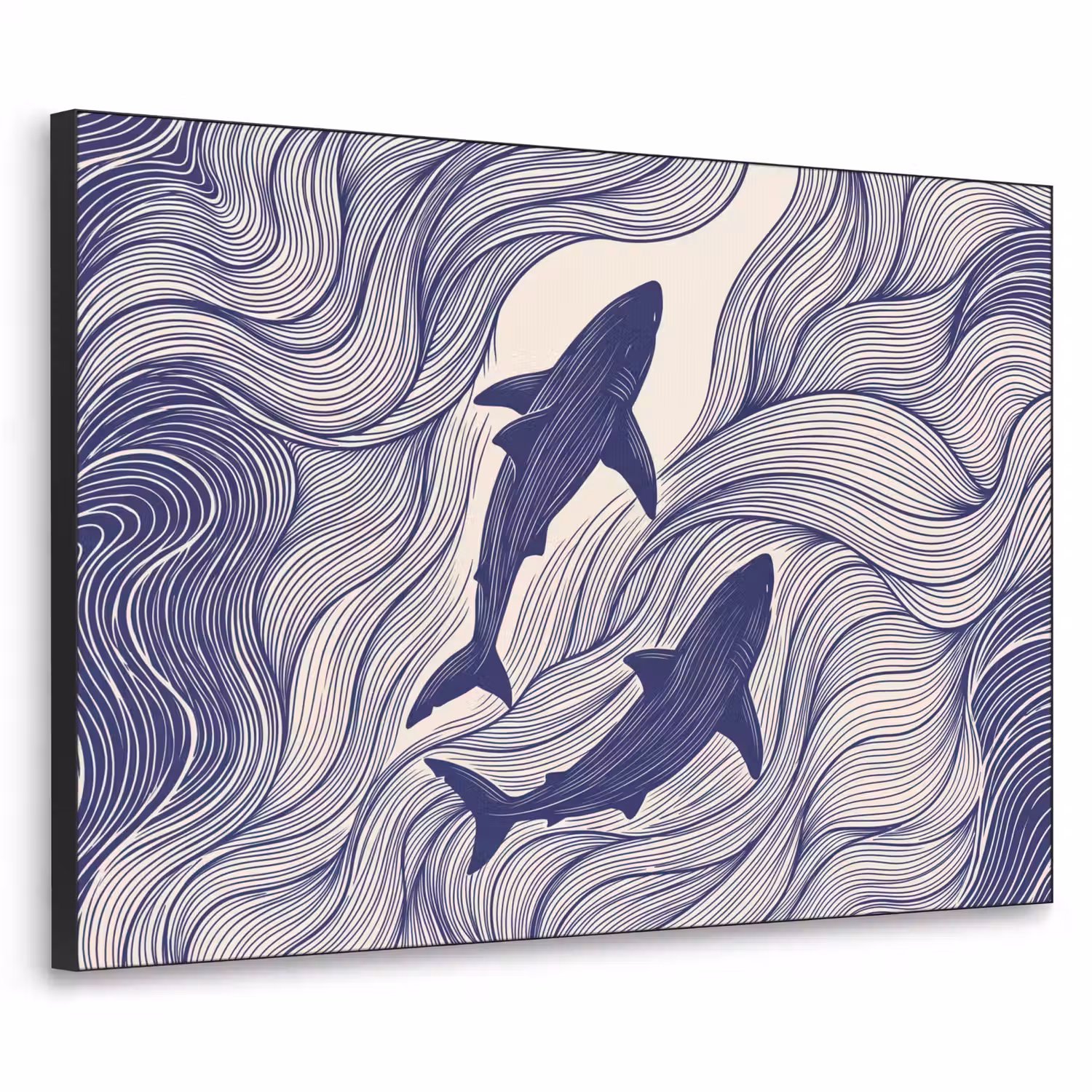 Vis - Oceaan - Lijntekening - Blauw - Dieren Textielframe zwart klein -3d