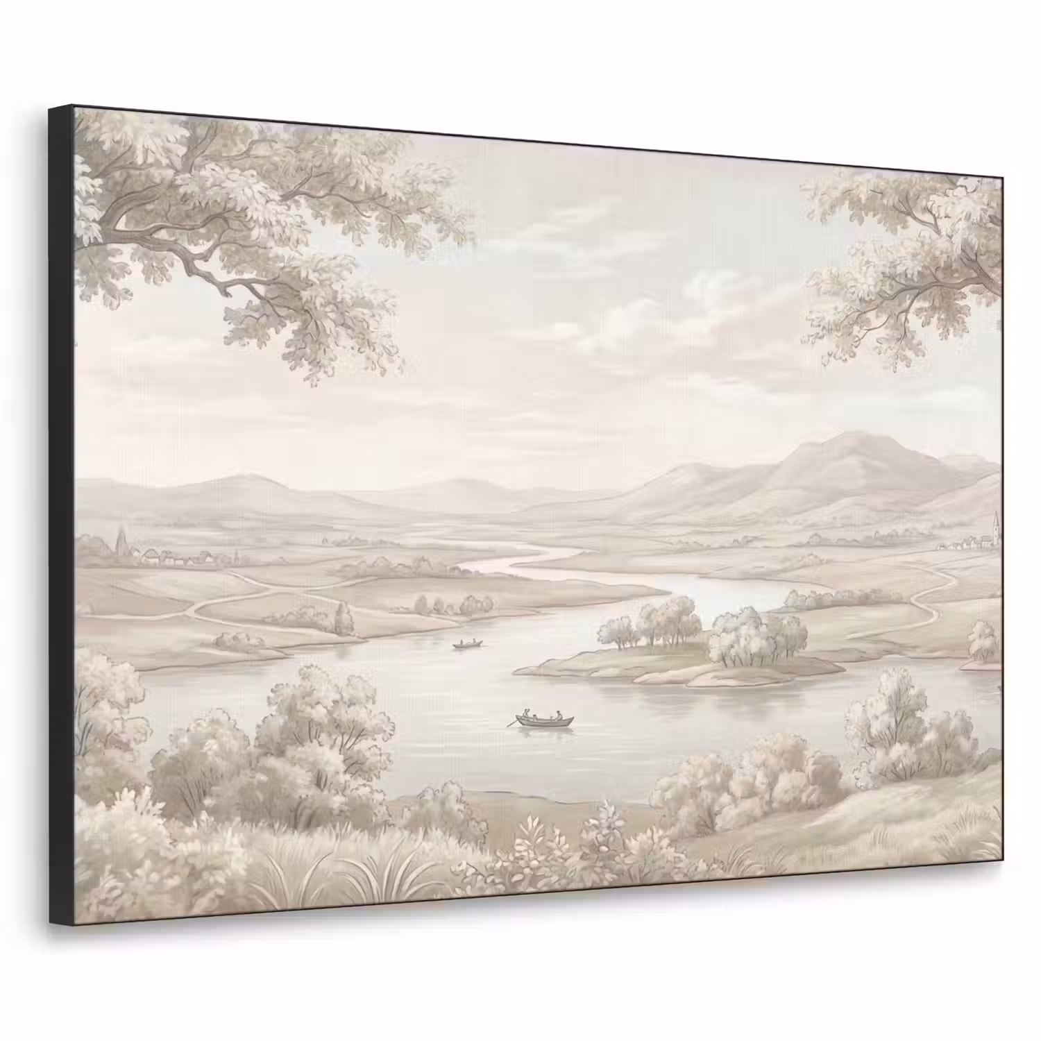 Rivierlandschap - Bergen - Natuur - Vintage - Beige Textielframe zwart klein -3d
