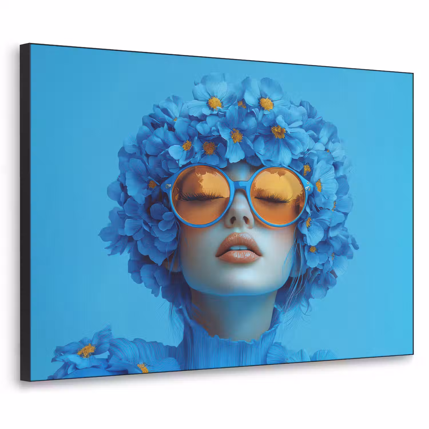 Vrouw - Bloem - Blauw - Modern - Bril - Portret Textielframe zwart klein -3d
