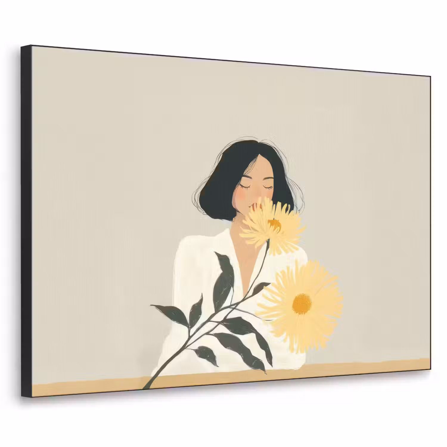Vrouw - Bloem - Geel - Minimalistisch Textielframe - compleet frame klein -3d