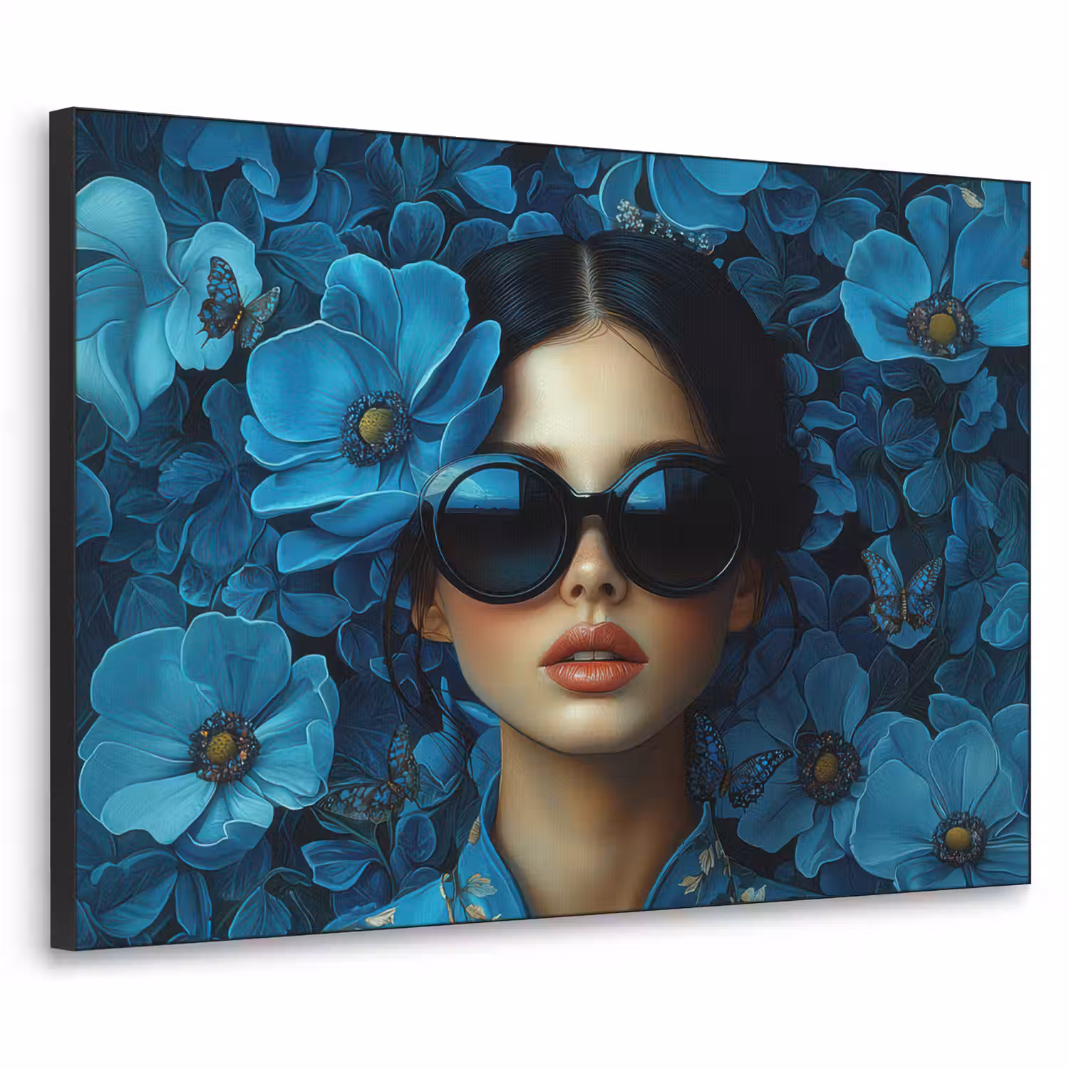 Vrouw - Bloemen - Blauw - Aesthetic - Luxe Textielframe zwart klein -3d