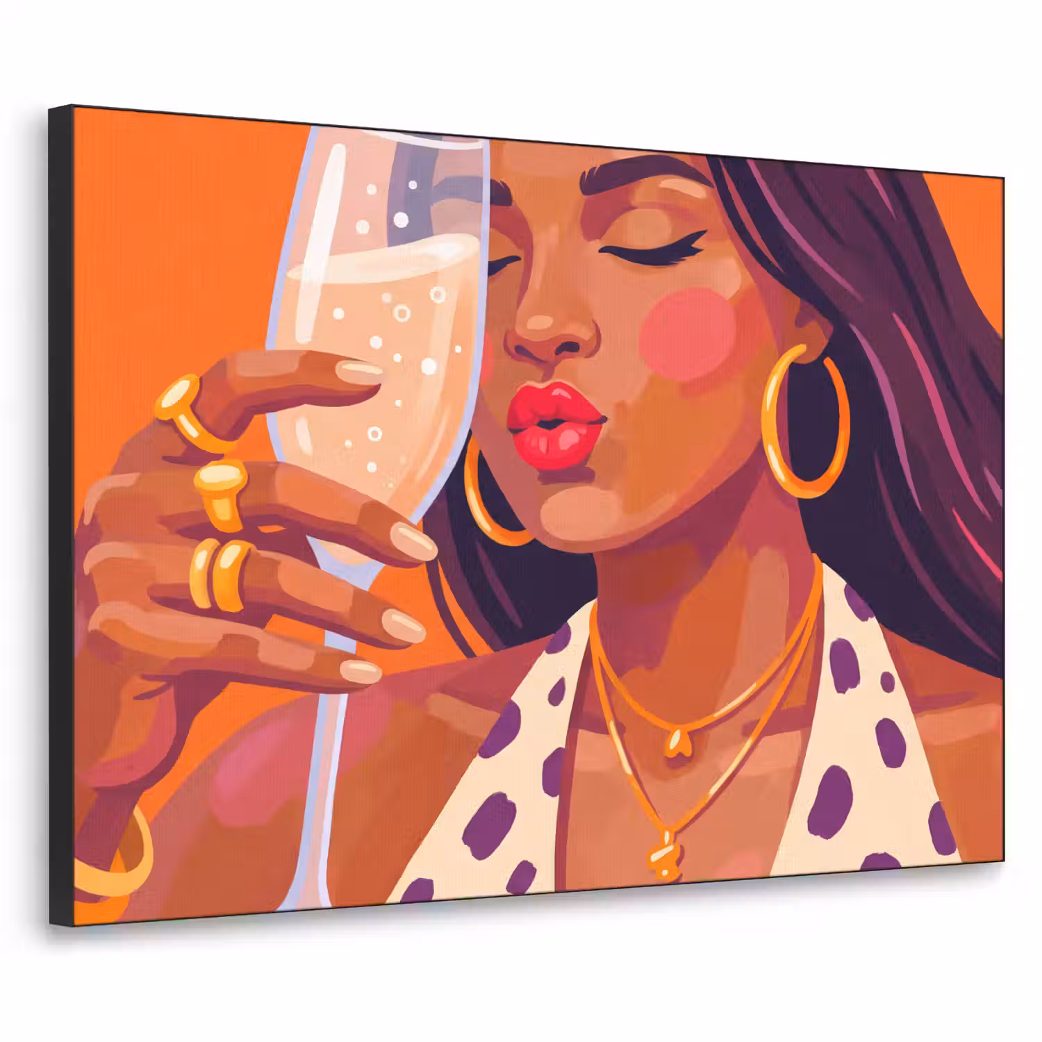 Vrouw - Champagne - Feest - Modern - Oranje Textielframe zwart klein -3d