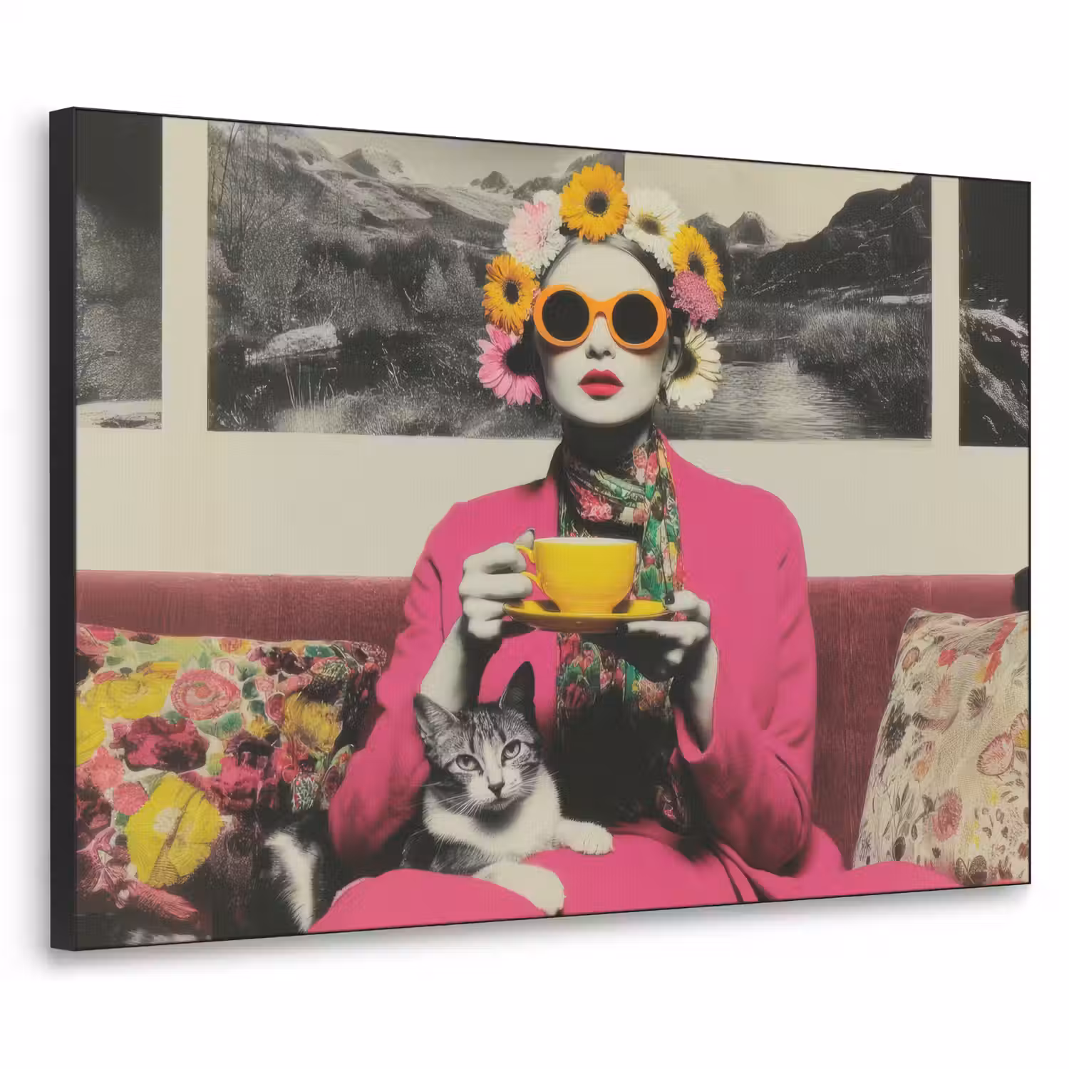 Vrouw - Kat - Bloemen - Kopje - Retro Textielframe - compleet frame klein -3d