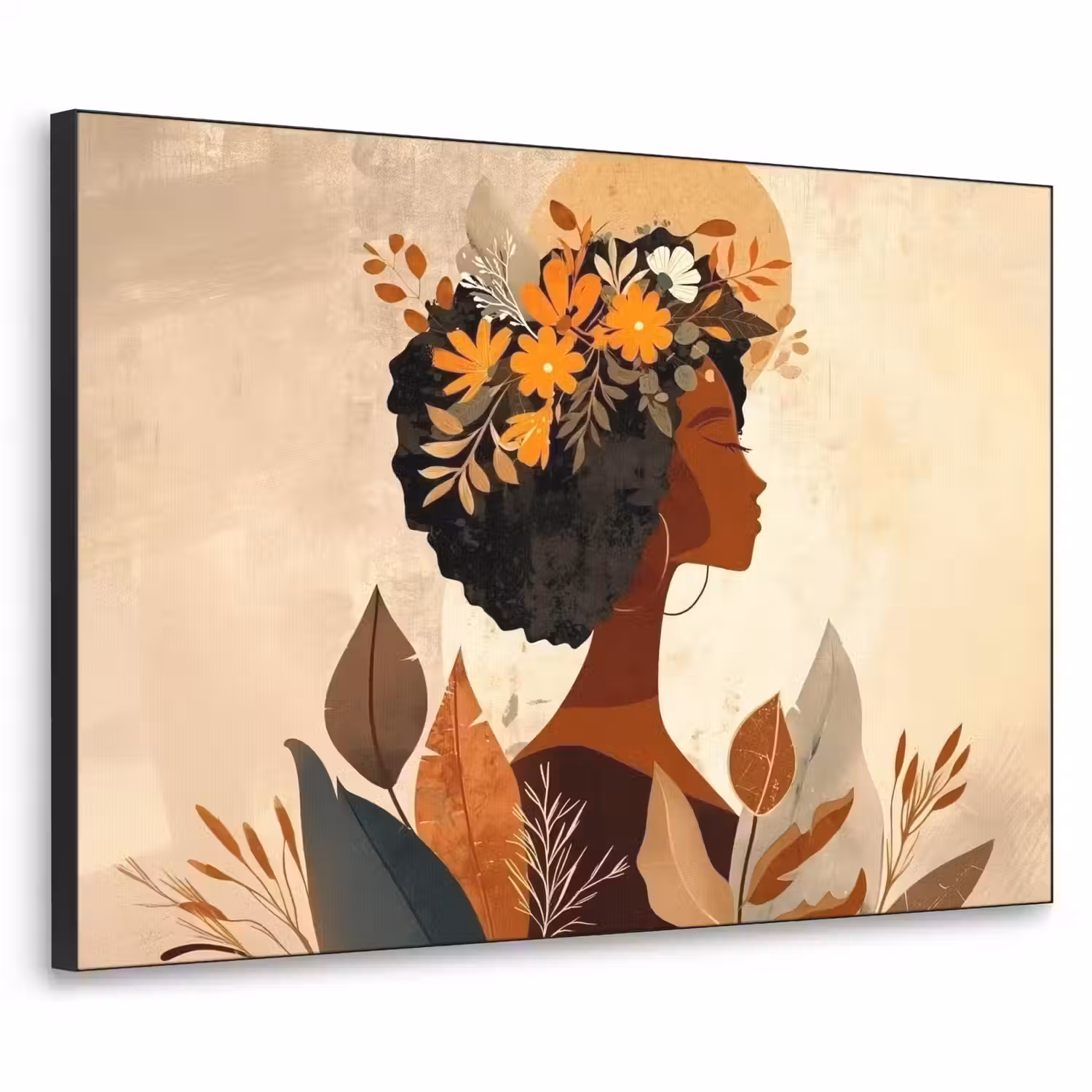 Vrouw - Krullen - Bloemen - Beige Textielframe - compleet frame klein -3d