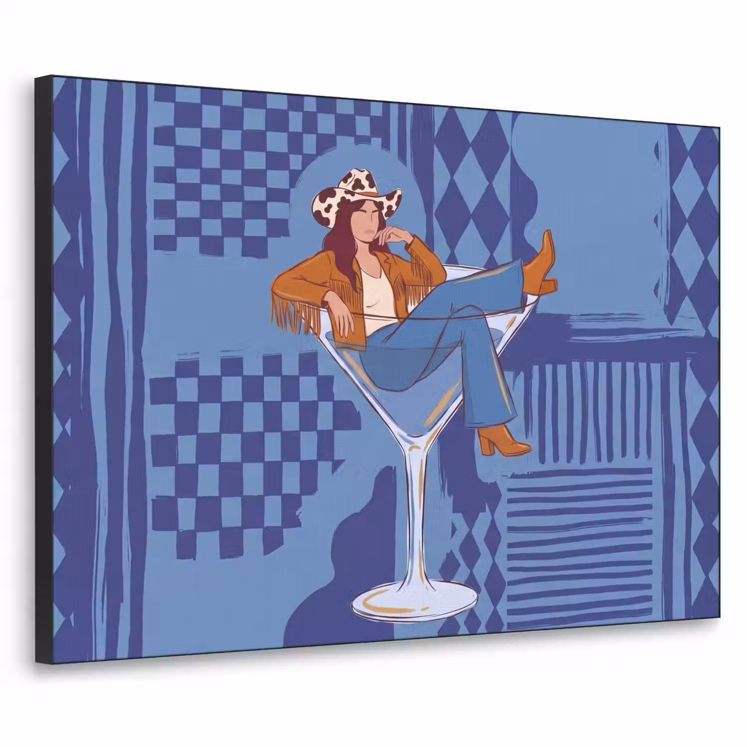 Vrouw - Martini glas - Abstract - Blauw - Kunst Textielframe zwart klein -3d