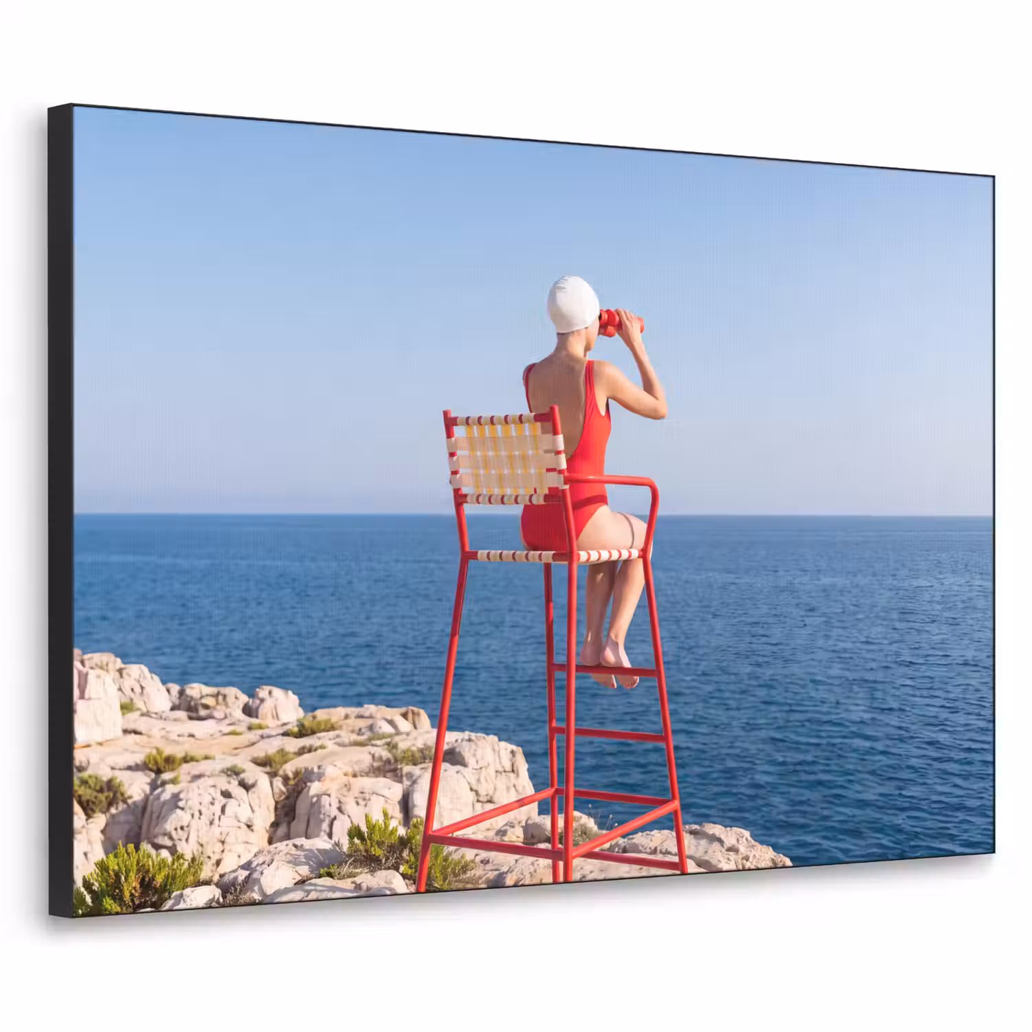 Vrouw - Zee - Kust - Verrekijker - Rood Textielframe zwart klein -3d