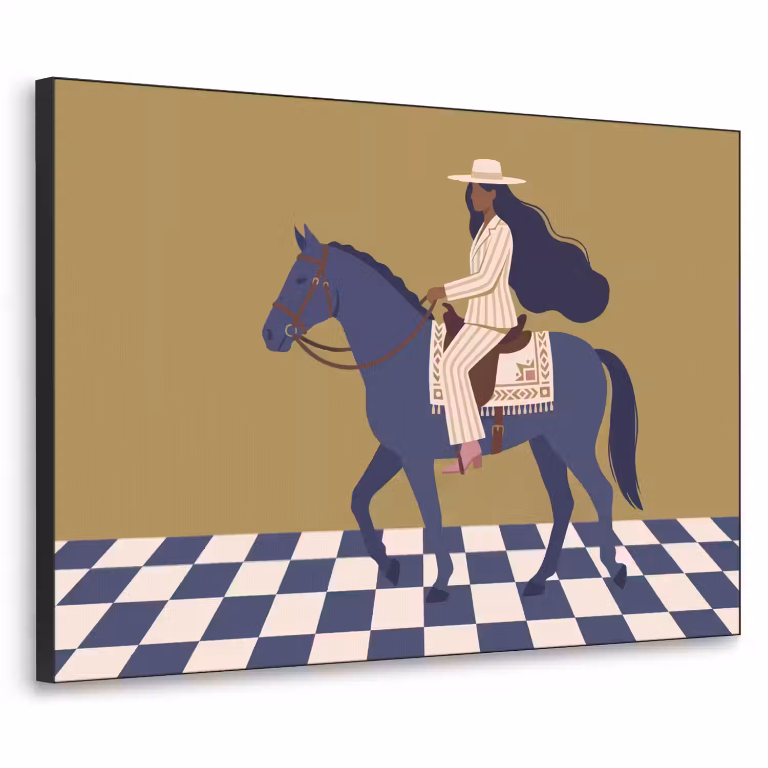 Vrouw - Paard - Rijden - Modern - Abstract Textielframe zwart klein -3d