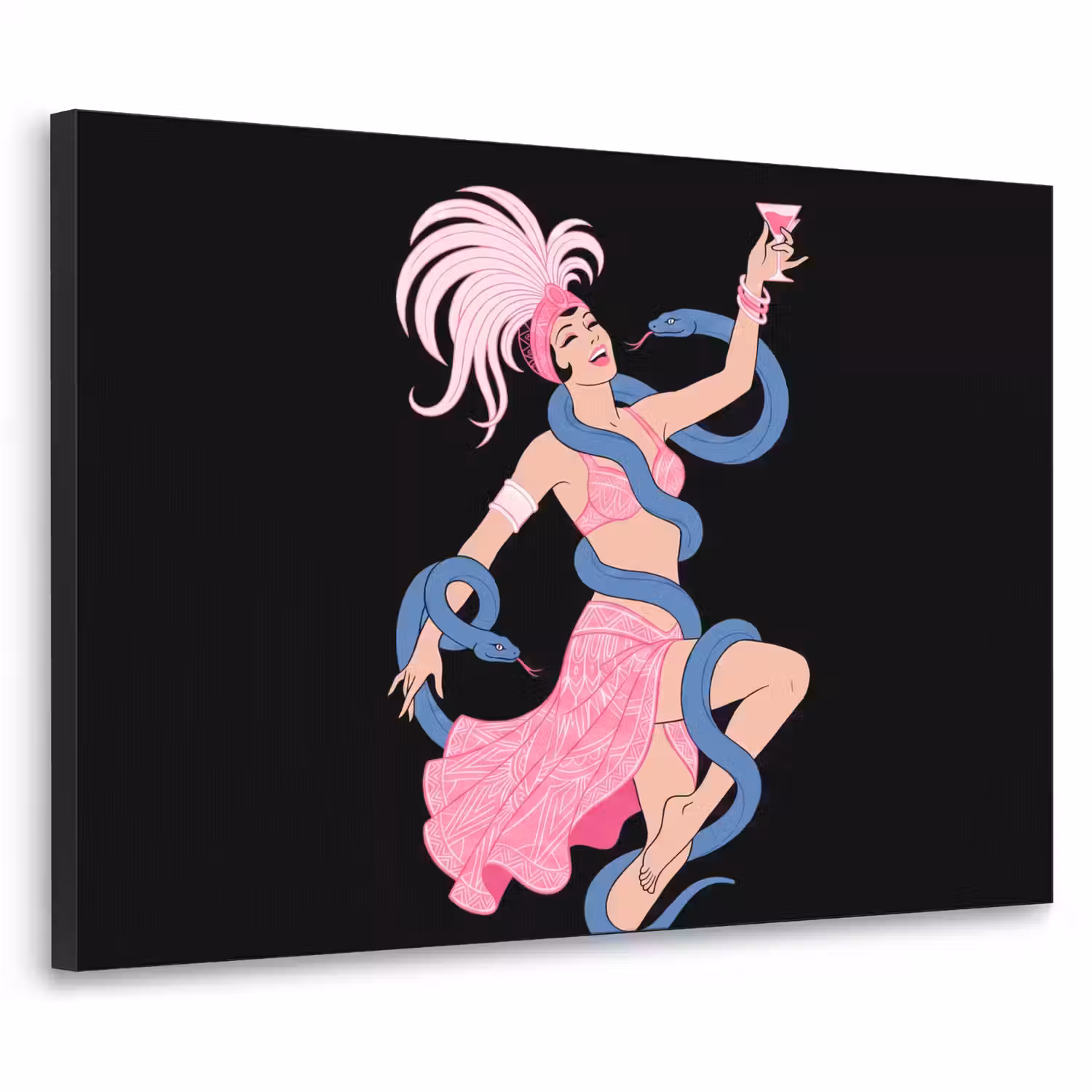 Vrouw - Danseres - Slangen - Art Deco - Roze Textielframe zwart klein -3d