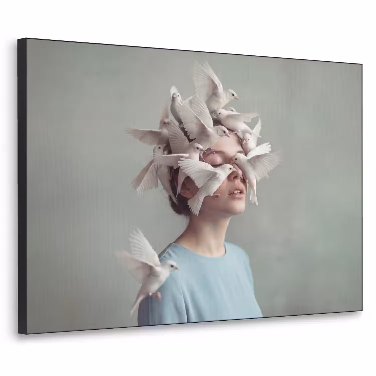 Vrouw - Vogels - Abstract - Modern - Wit Textielframe zwart klein -3d