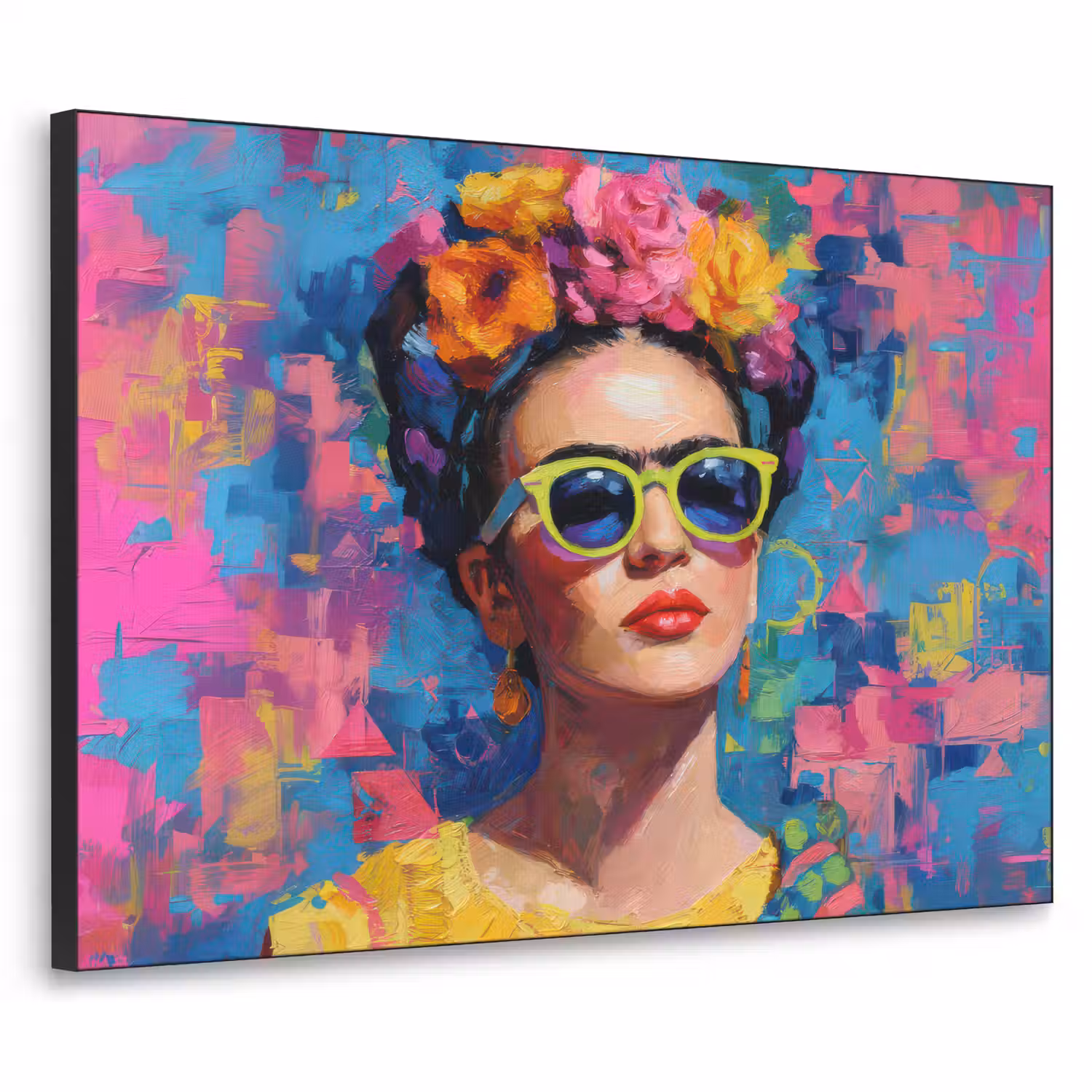 Vrolijk portret - Vrouw - Bloemenkroon Textielframe - compleet frame klein -3d