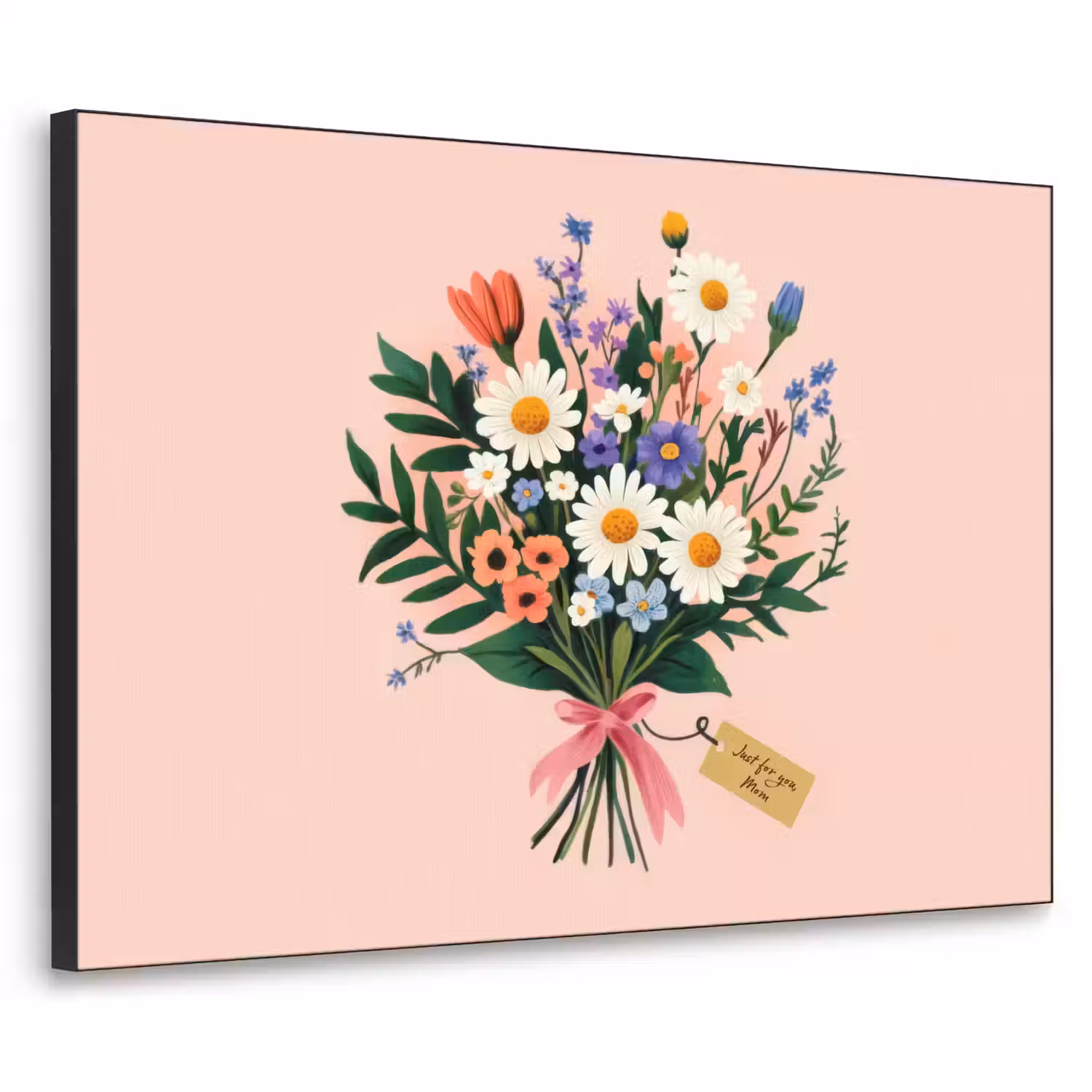 Margrieten - Boeket - Strikje - Roze Textielframe - compleet frame klein -3d