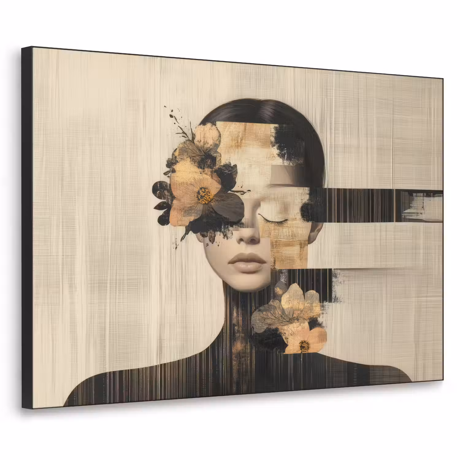 Gezicht - Bloemen - Zwart - Vrouw Textielframe - compleet frame klein -3d