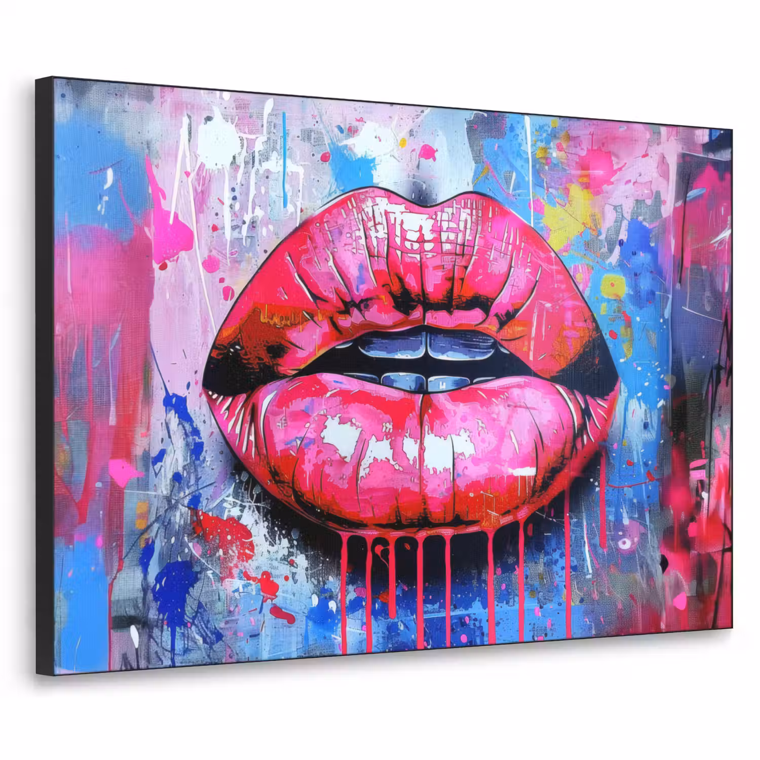 Graffiti - Lippen - Felroze - Geschilderd Textielframe - compleet frame klein -3d