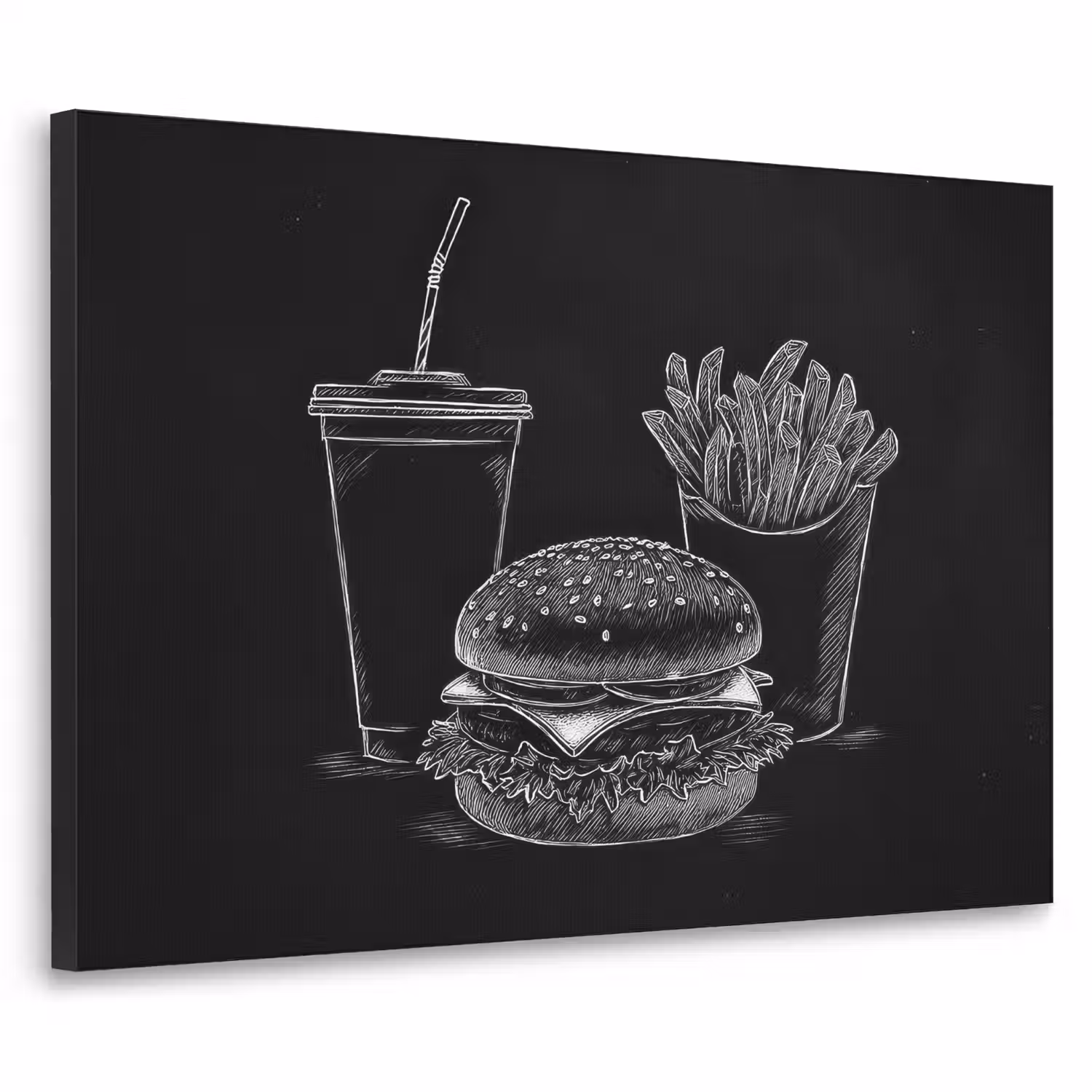 Hamburger - Friet - Frisdrank - Krijttekening Textielframe - compleet frame klein -3d