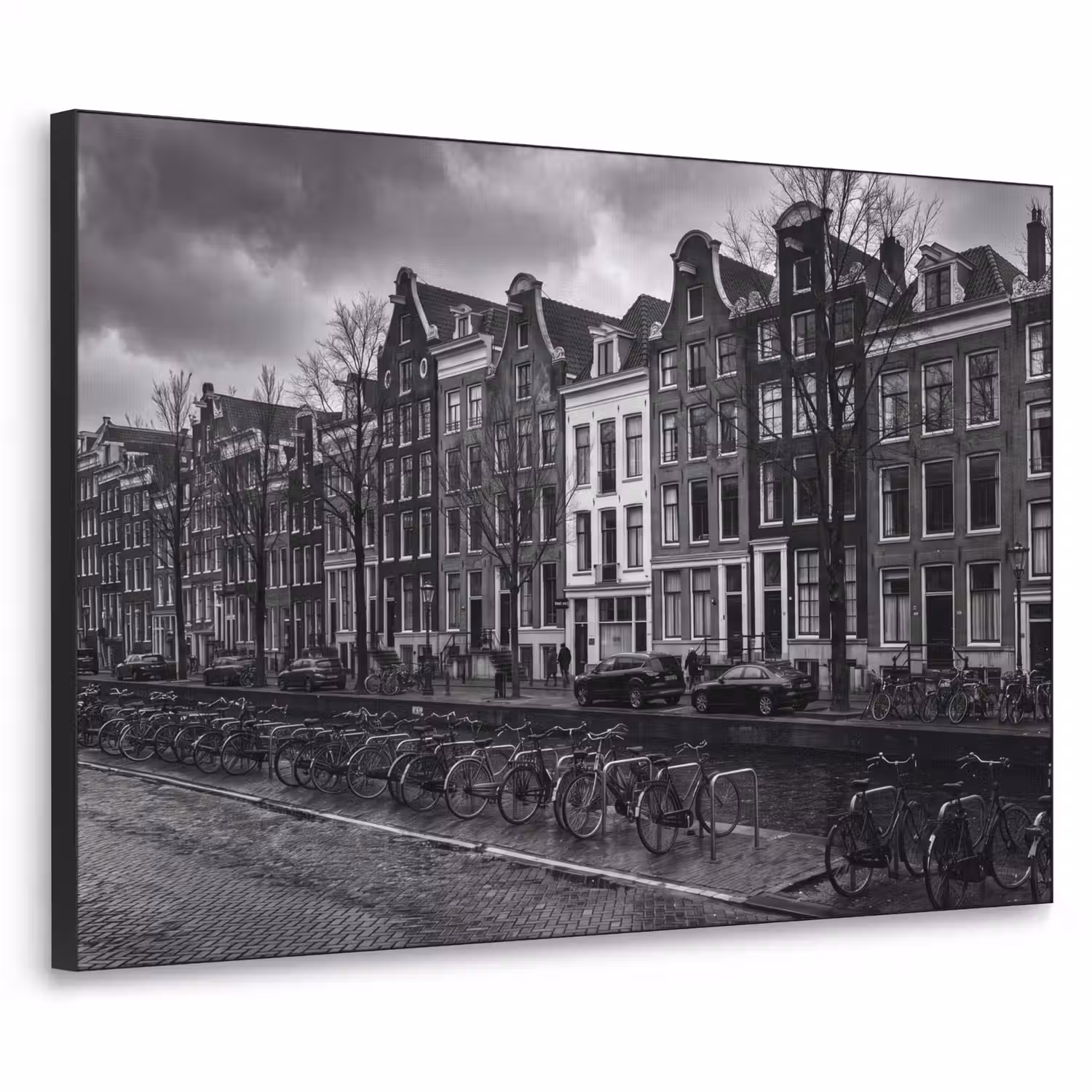 Huis - Gracht - Amsterdam - Architectuur - Zwart-wit Textielframe zwart klein -3d