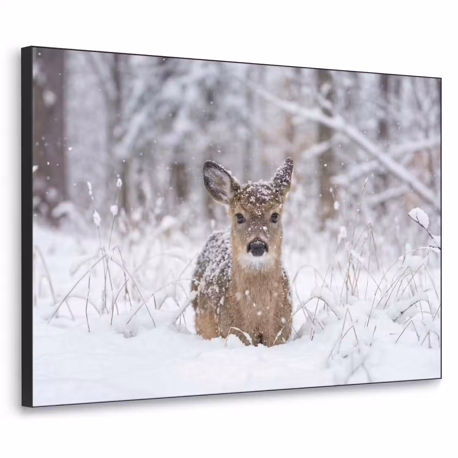 Hert - Sneeuw - Bos - Dieren - Vertederend Textielframe zwart klein -3d