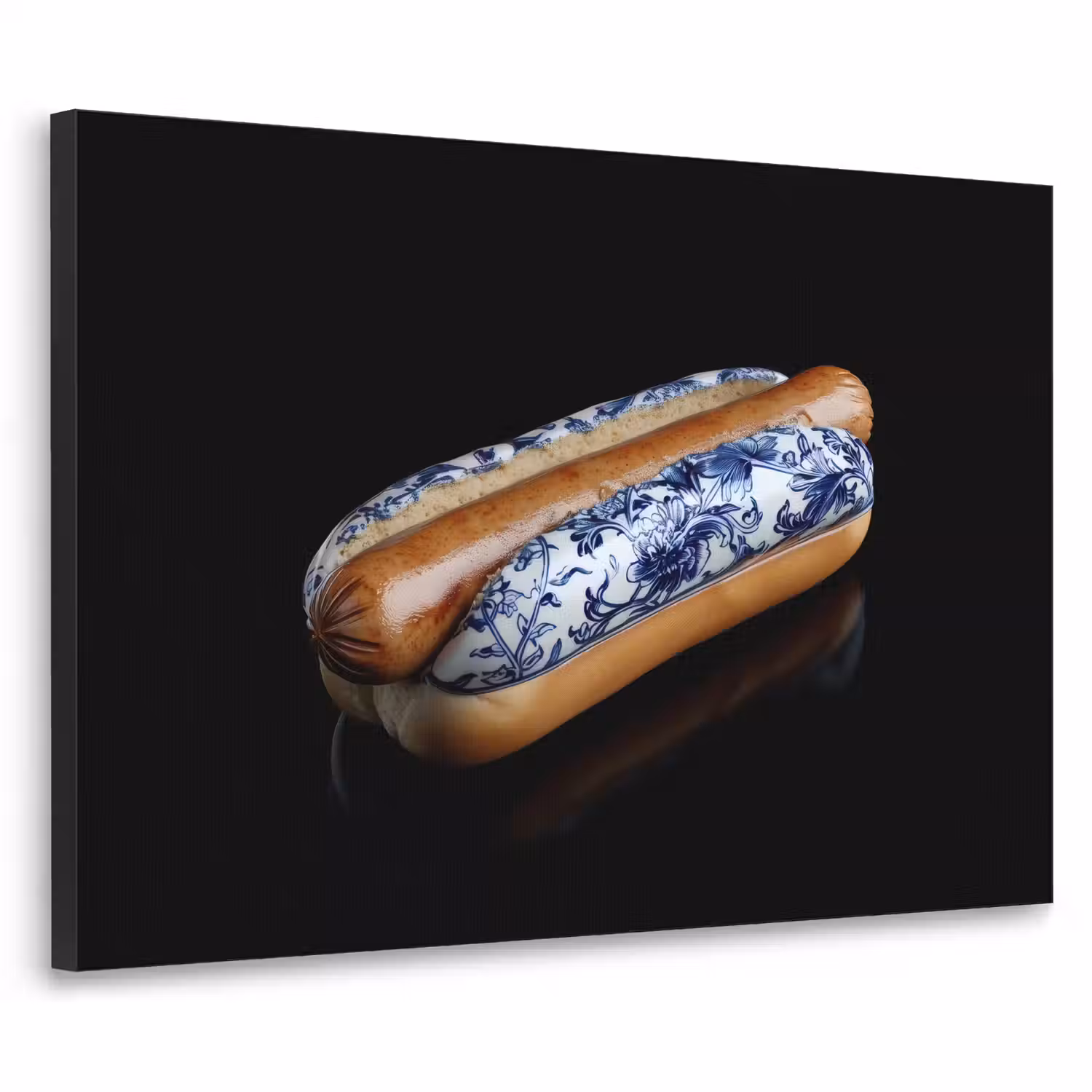 Hotdog - Porselein - Delfts blauw - Eten Textielframe - compleet frame klein -3d