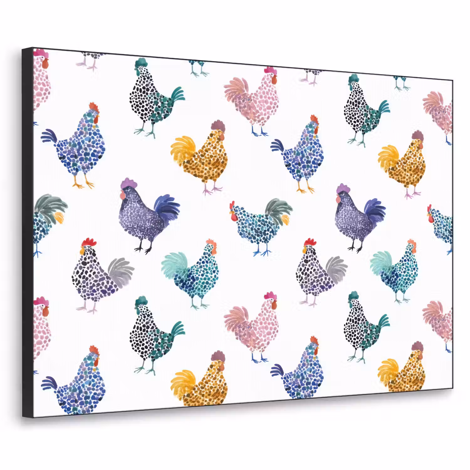 Kippen -Aquarel - Kleurrijk Textielframe zwart klein 947 -3d