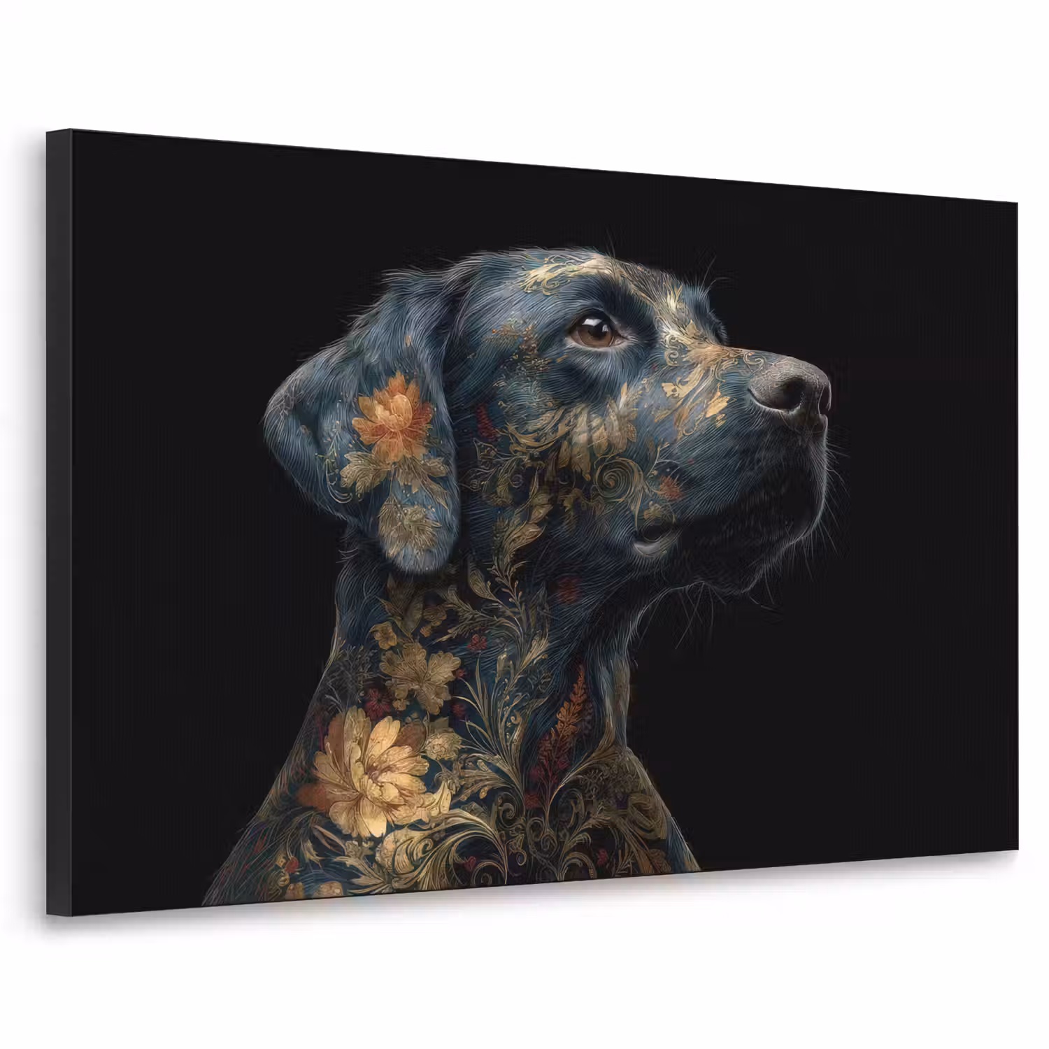 Hond - Zwart - Bloemen Textielframe - compleet frame klein -3d
