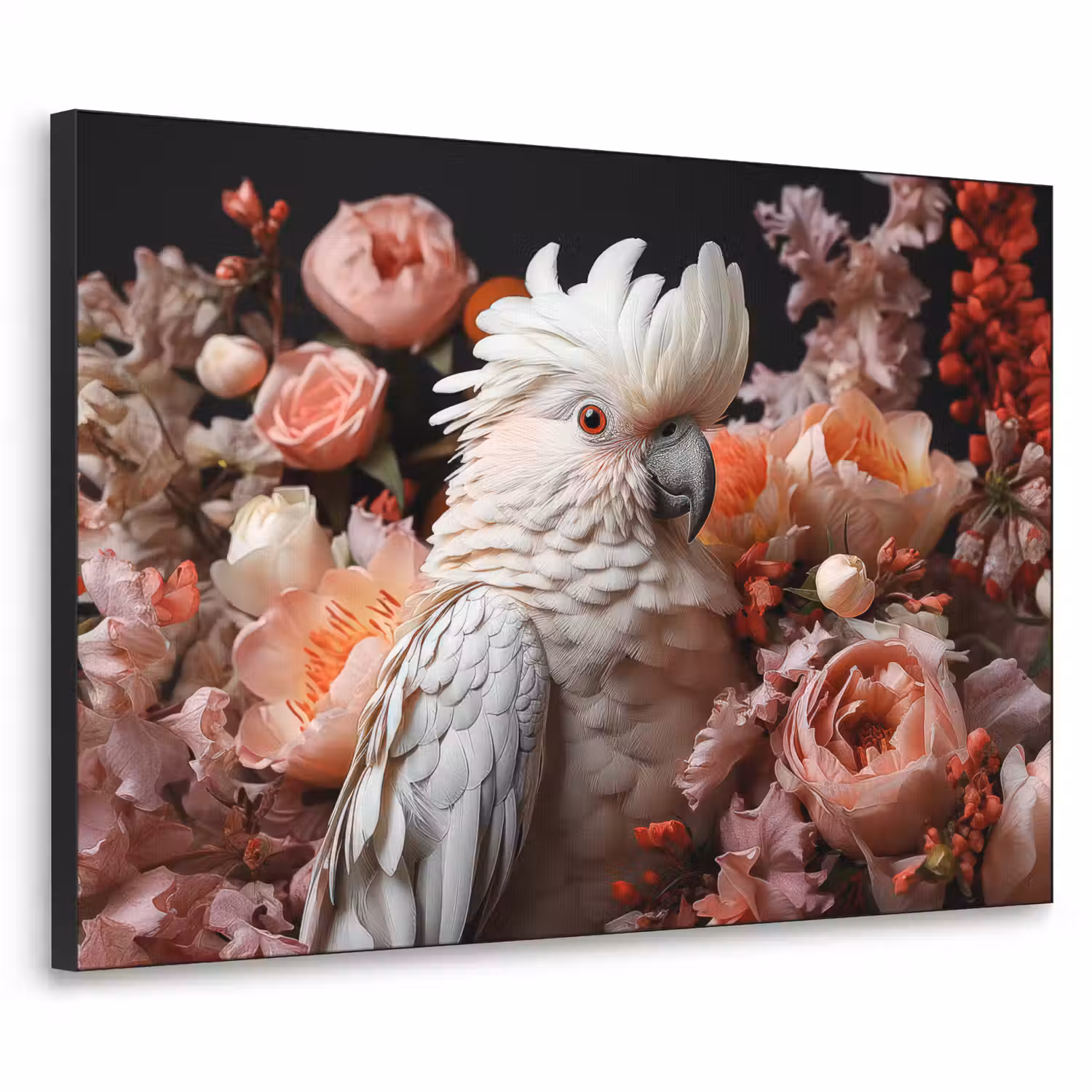 Kaketoe - Dier - Natuur - Botanisch - Bloemen - Roze Textielframe zwart klein -3d