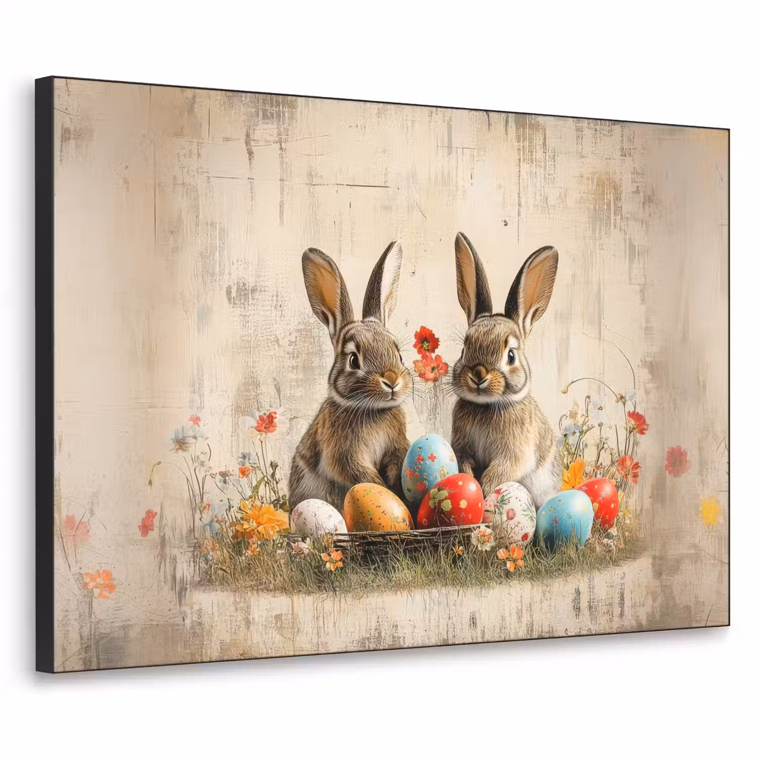 Konijnen - Bloemen - Eieren Textielframe - compleet frame klein -3d