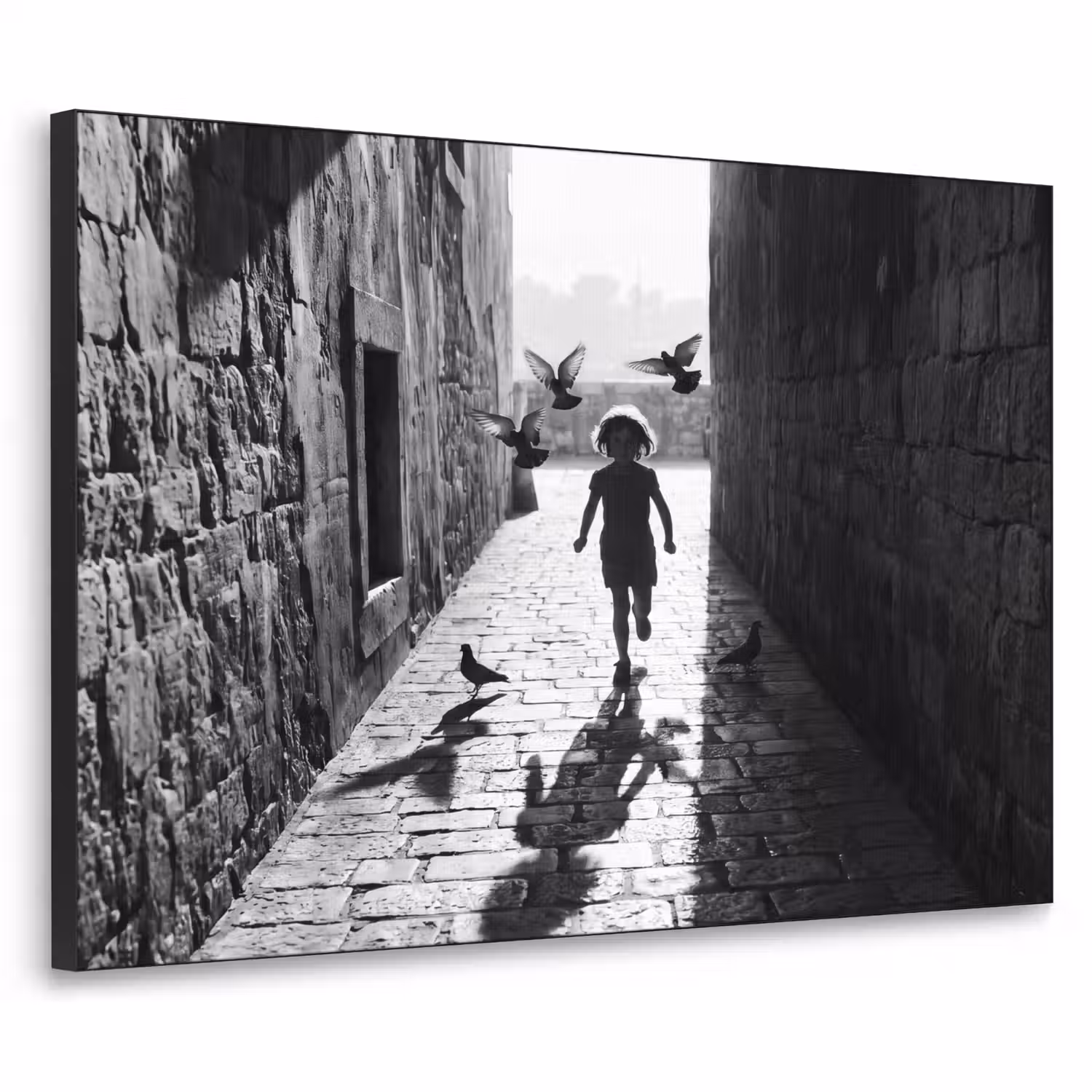 Kind - Vogel - Straat - Zwart-wit - Spelen Textielframe zwart klein -3d