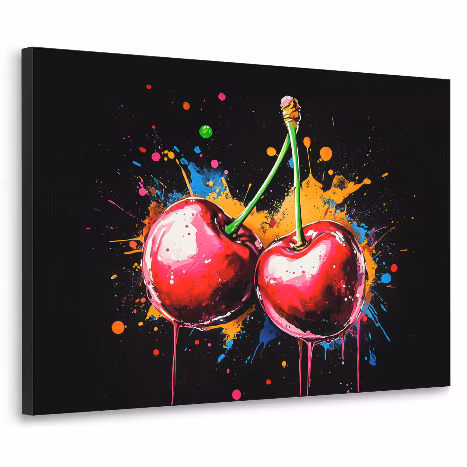 Kersen - Fruit - Graffiti - Verf - Abstract - Modern - Kleurrijk Textielframe - compleet frame klein -3d