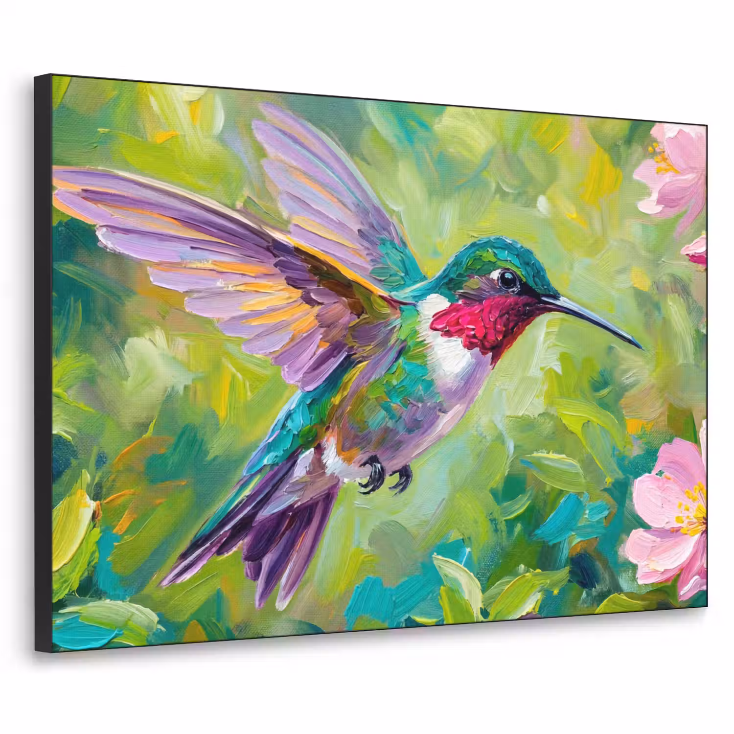 Kolibrie - Bloemen - Natuur - Kleurrijk Textielframe zwart klein -3d