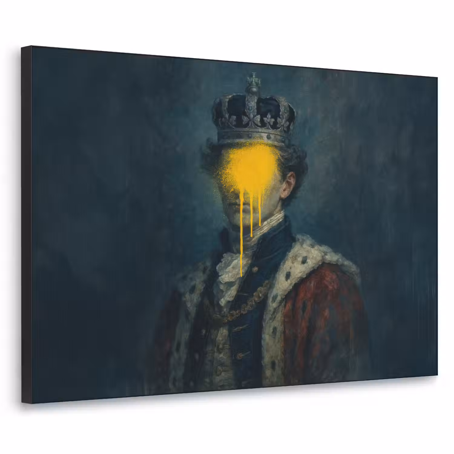 Koning - Portret - Druipende gele verf Textielframe - compleet frame klein -3d