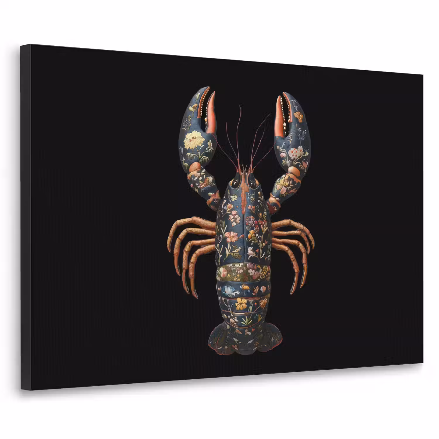 Kreeft - Zwart - Bloemenpatroon - Artistiek Textielframe - compleet frame klein -3d