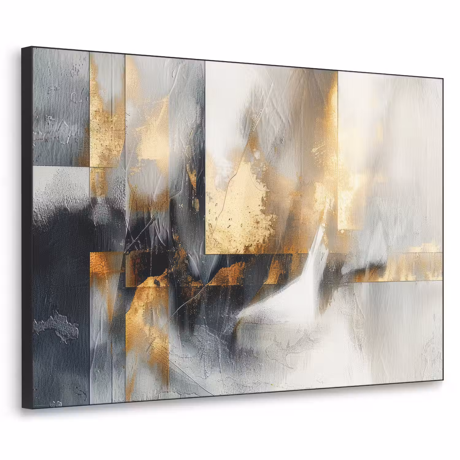 Kunst - Goud - Zilver - Abstract Textielframe zwart klein -3d