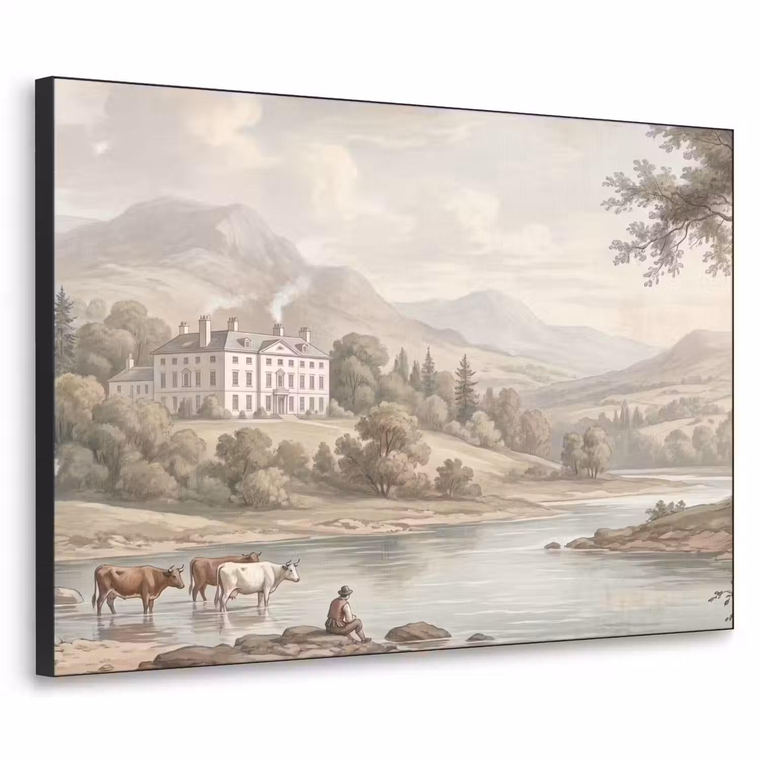 Landhuis - Rivier - Vee Textielframe zwart klein -3d