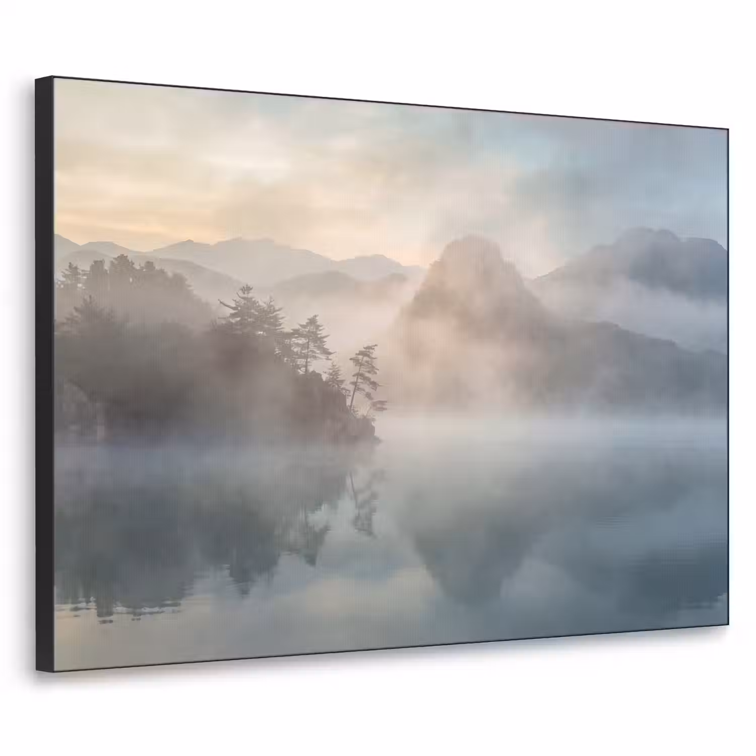 Landschap - Bergen - Mist - Water - Natuur Textielframe zwart klein -3d