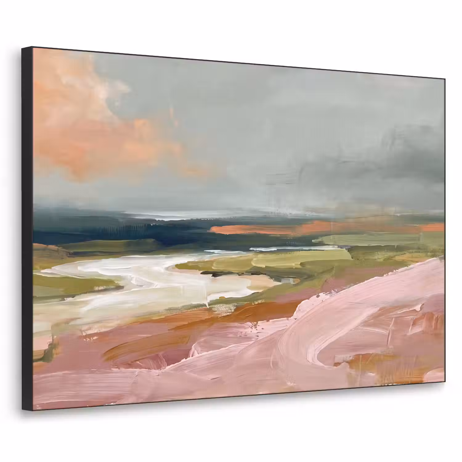 Landschap - Rivier - Abstract - Roze - Groen Textielframe zwart klein -3d
