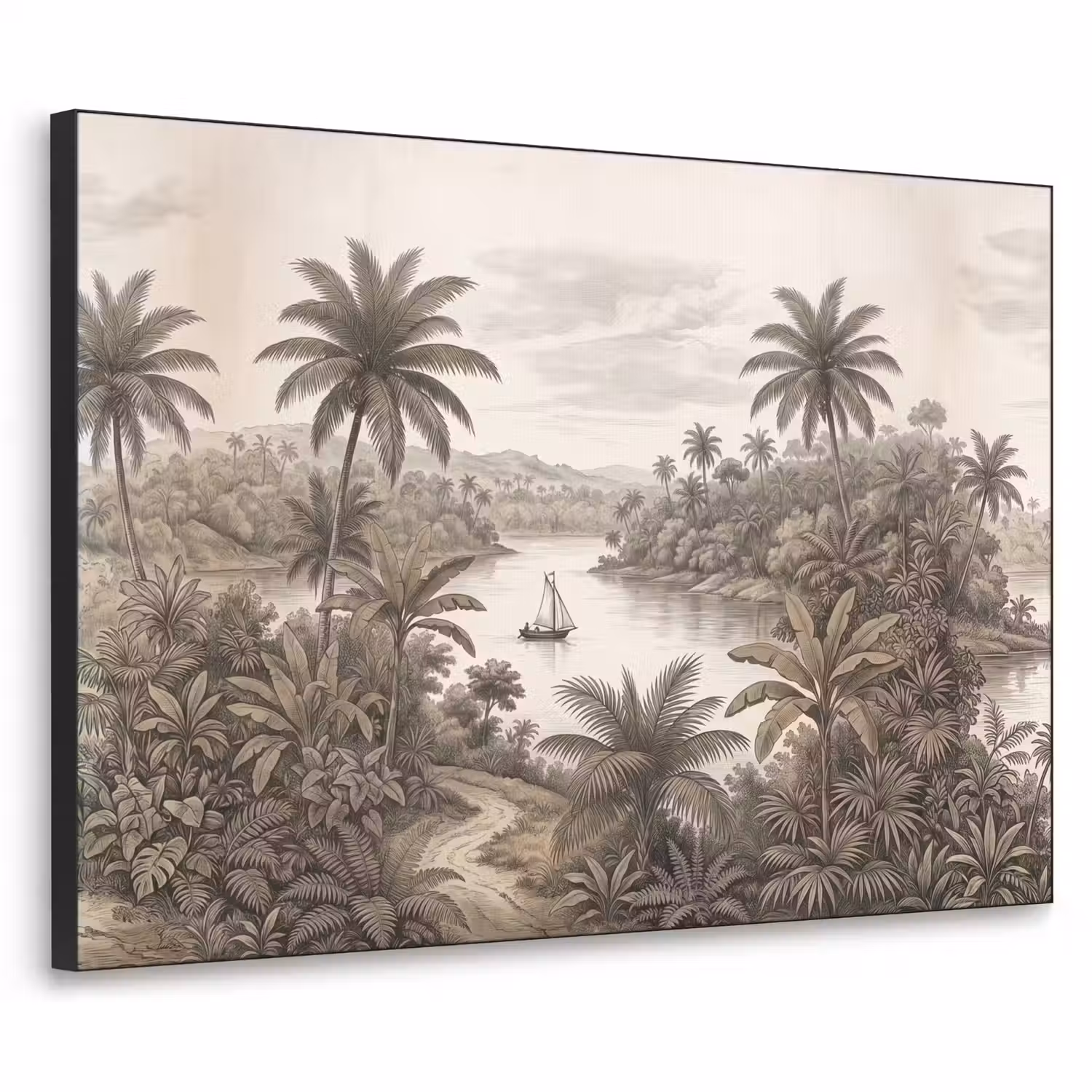 Landschap - Rivier - Boot - Tropisch - Vintage Textielframe zwart klein -3d