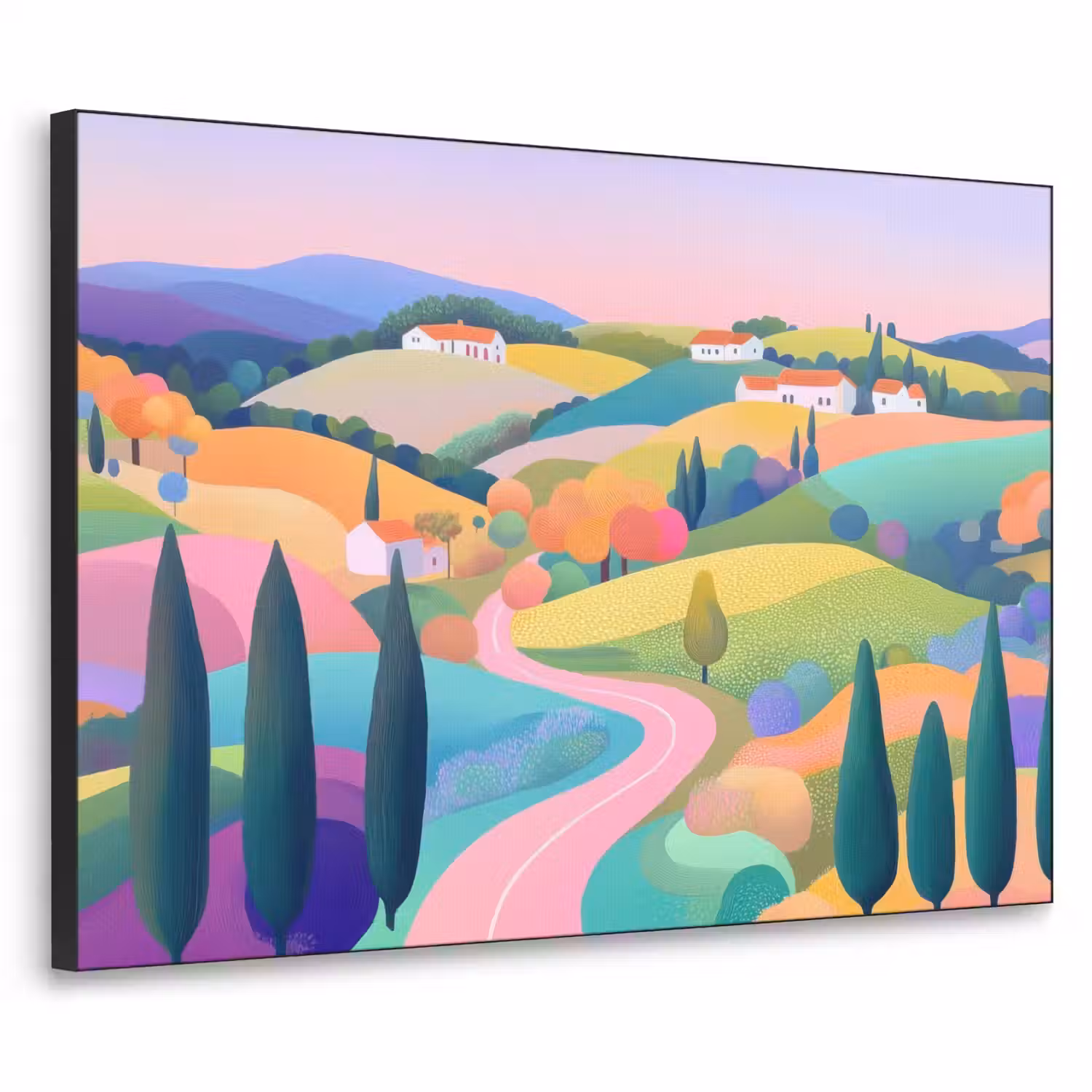 Landschap - Paars - Pastel - Huizen Textielframe - compleet frame klein -3d