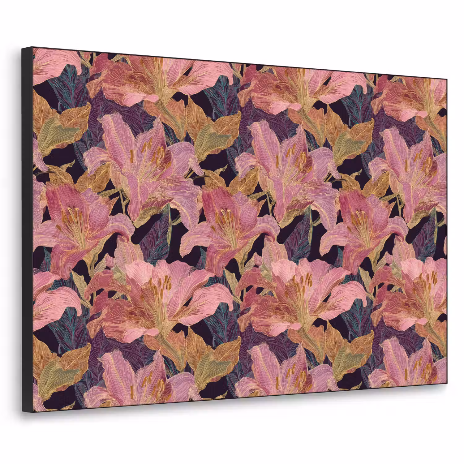 Lelies - Patroon - Roze - Goud Textielframe zwart klein 947 -3d