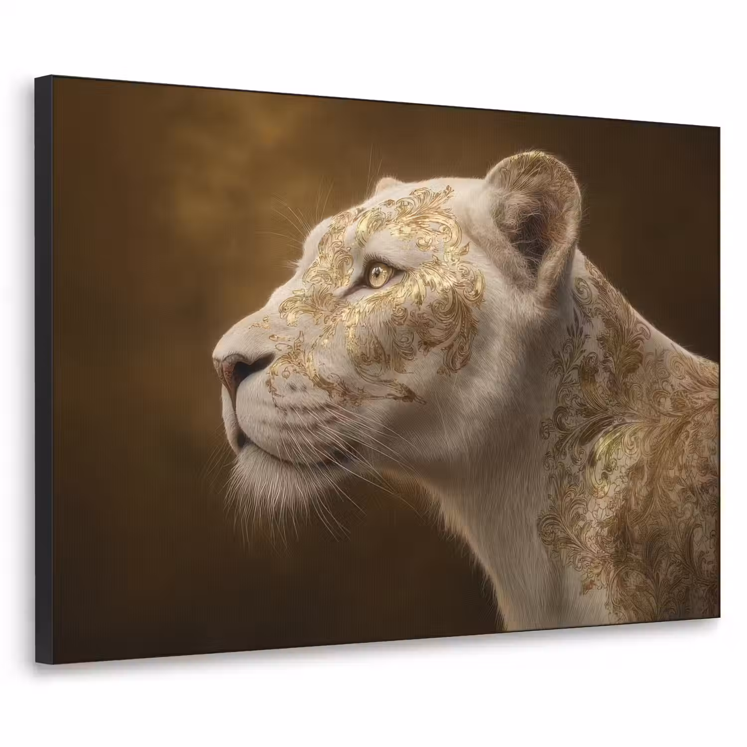 Leeuwin - Bloemen - Wit - Goud Textielframe - compleet frame klein -3d