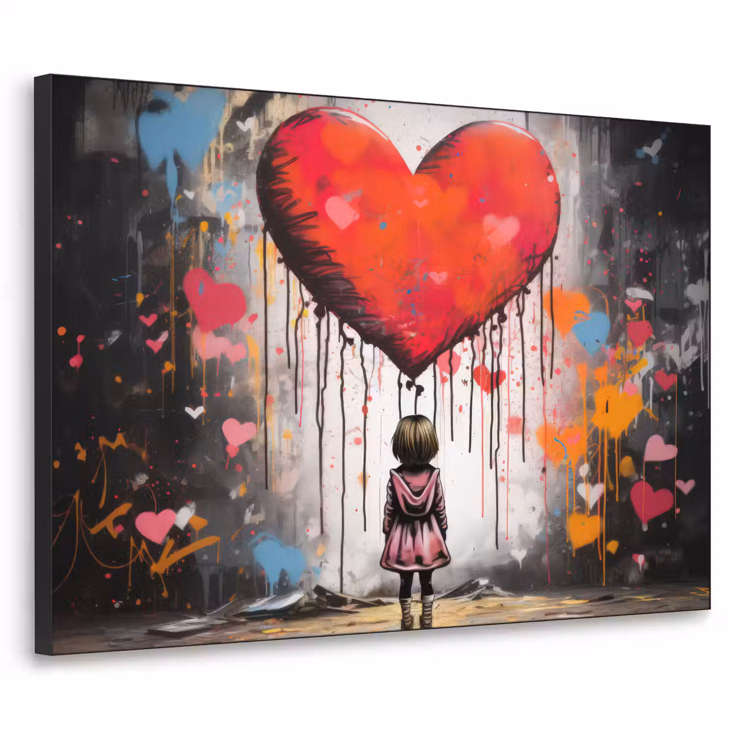 Meisje - Hart - Graffiti - Kunst - Kleuren - Rood Textielframe zwart klein -3d