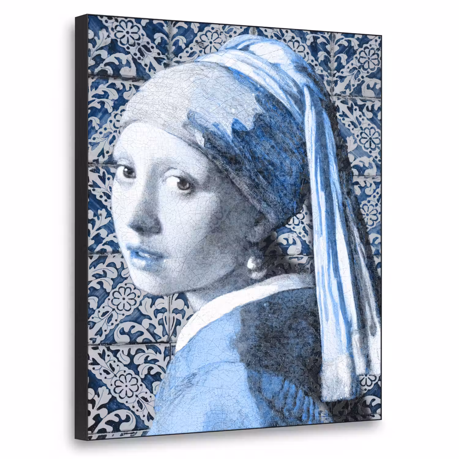 Meisje met de parel - Johannes Vermeer - Delfts blauw Textielframe zwart klein -3d