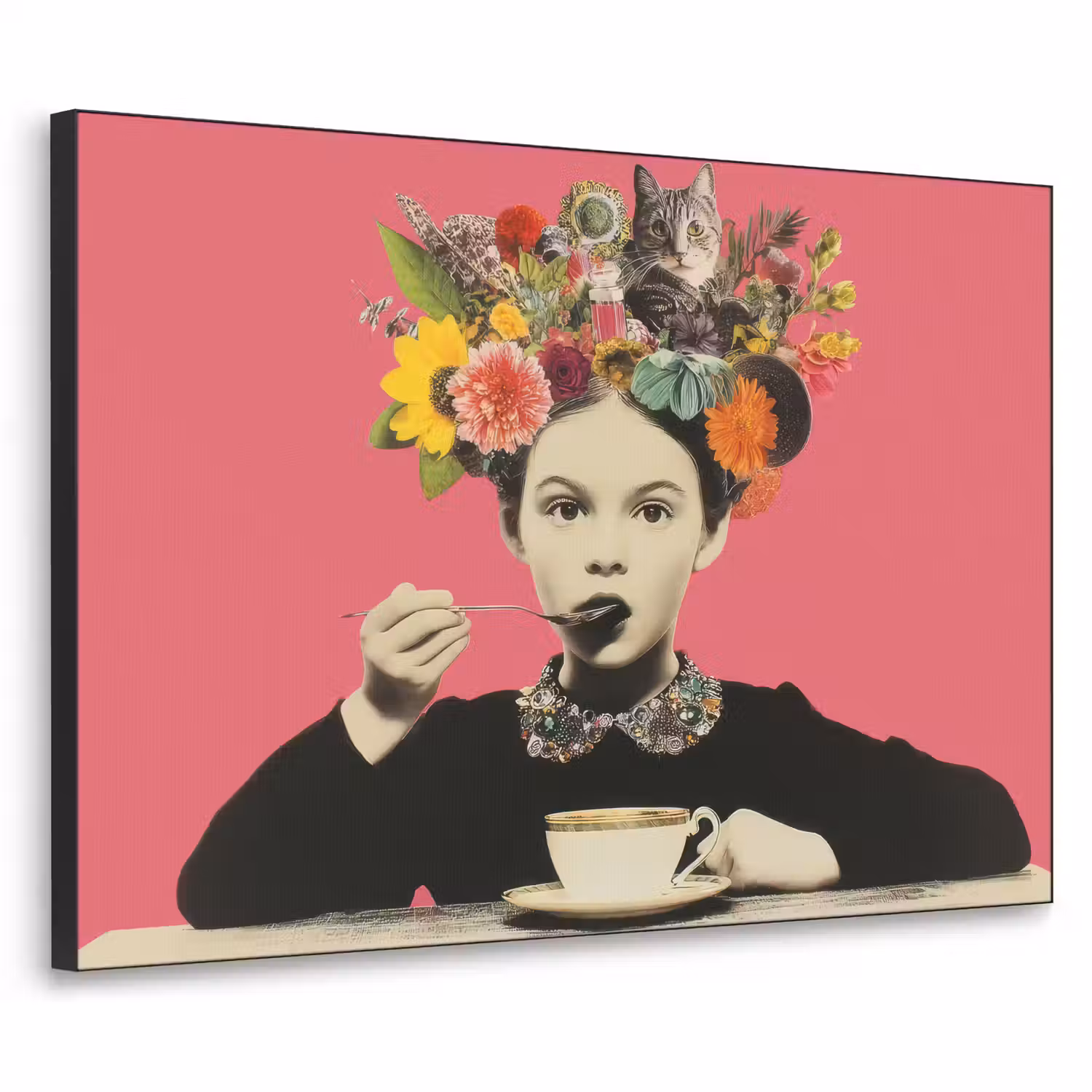 Meisje - Kopje - Bloemen - Roze Textielframe - compleet frame klein -3d