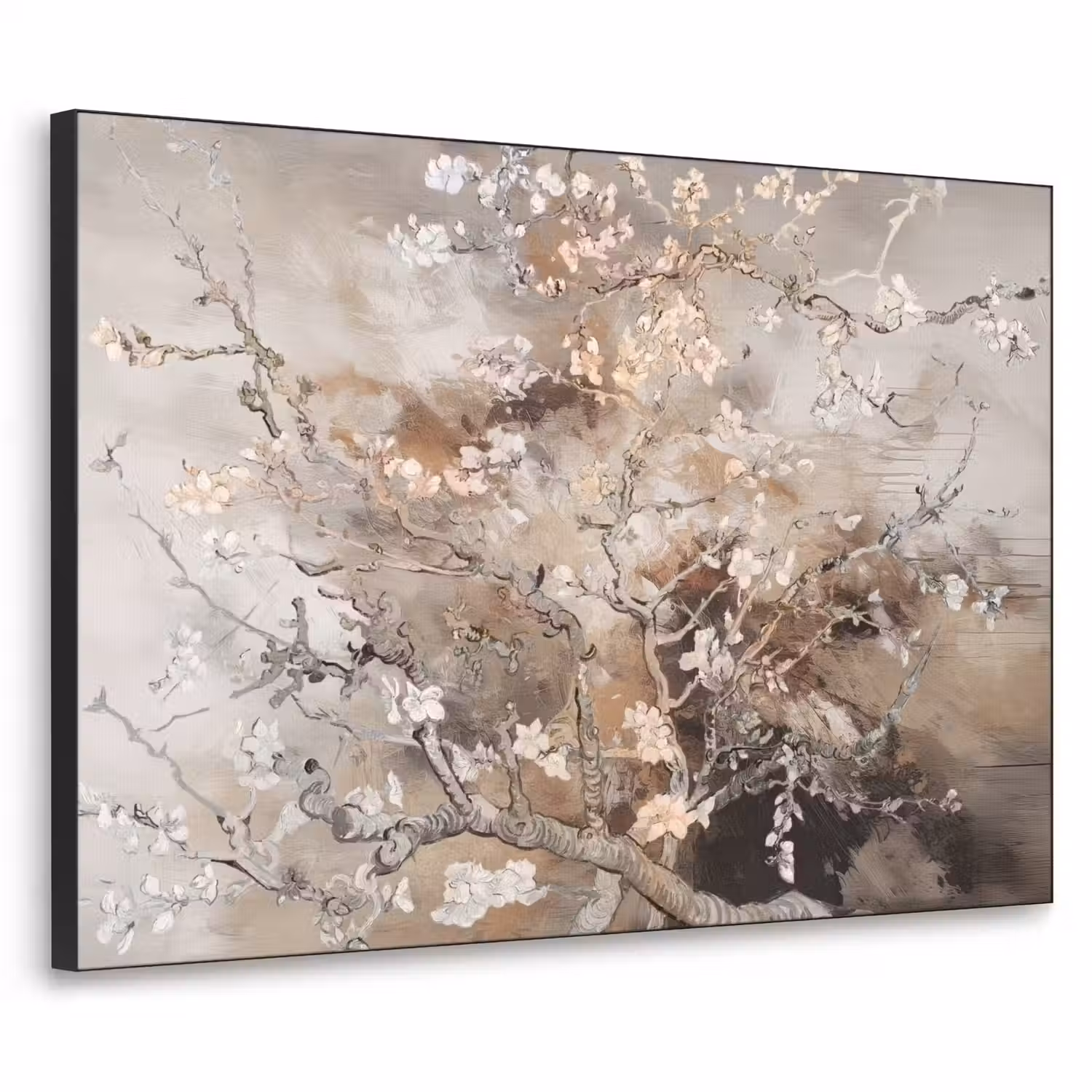 Amandelbloesem - Kunst - Van Gogh - Beige - Abstract Textielframe zwart klein -3d